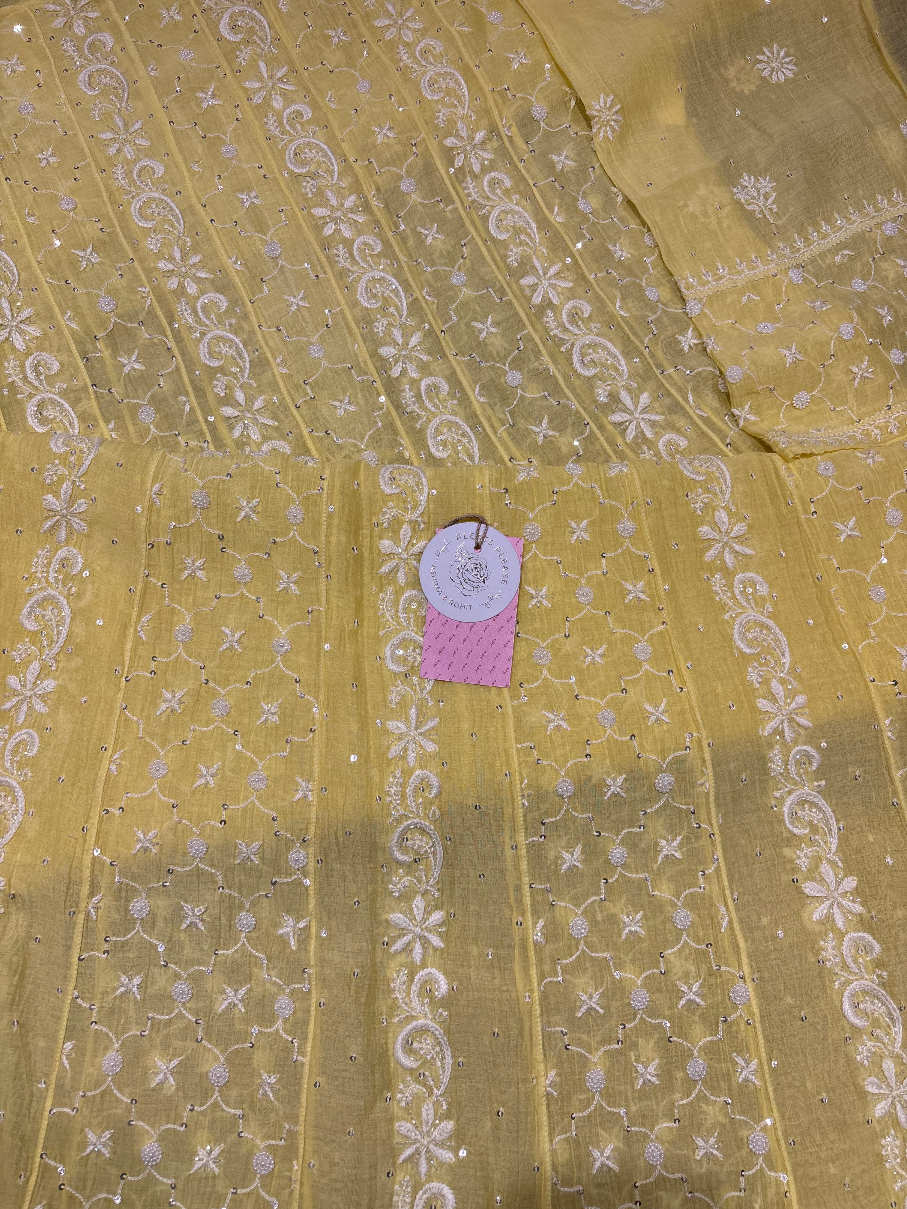 Yellow Chanderi Mul Chikankari Anarkali and Dupatta Set