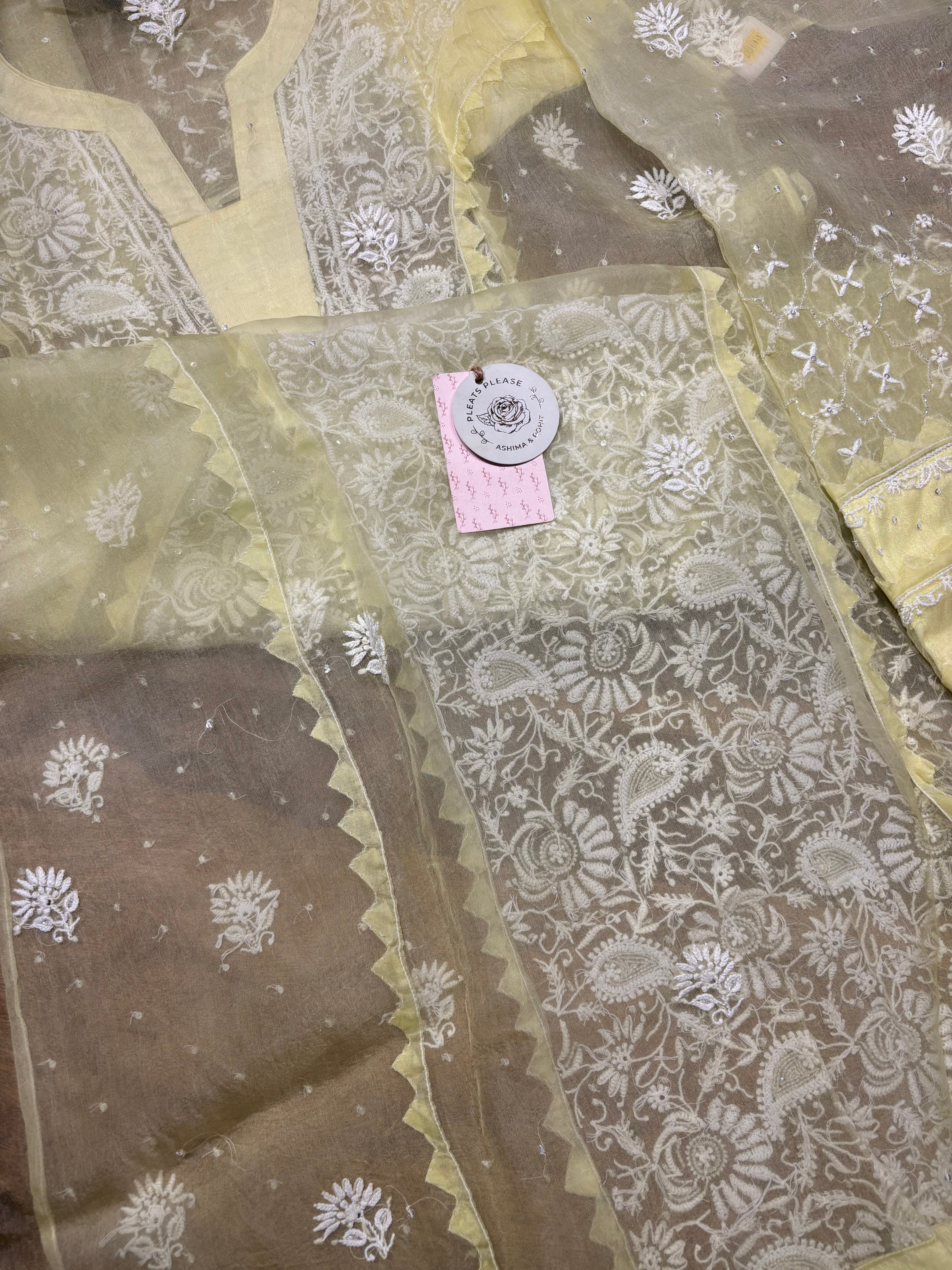 Lime Yellow Pure And Premium Organza Silk Chikankari Kurta And Dupatta Set