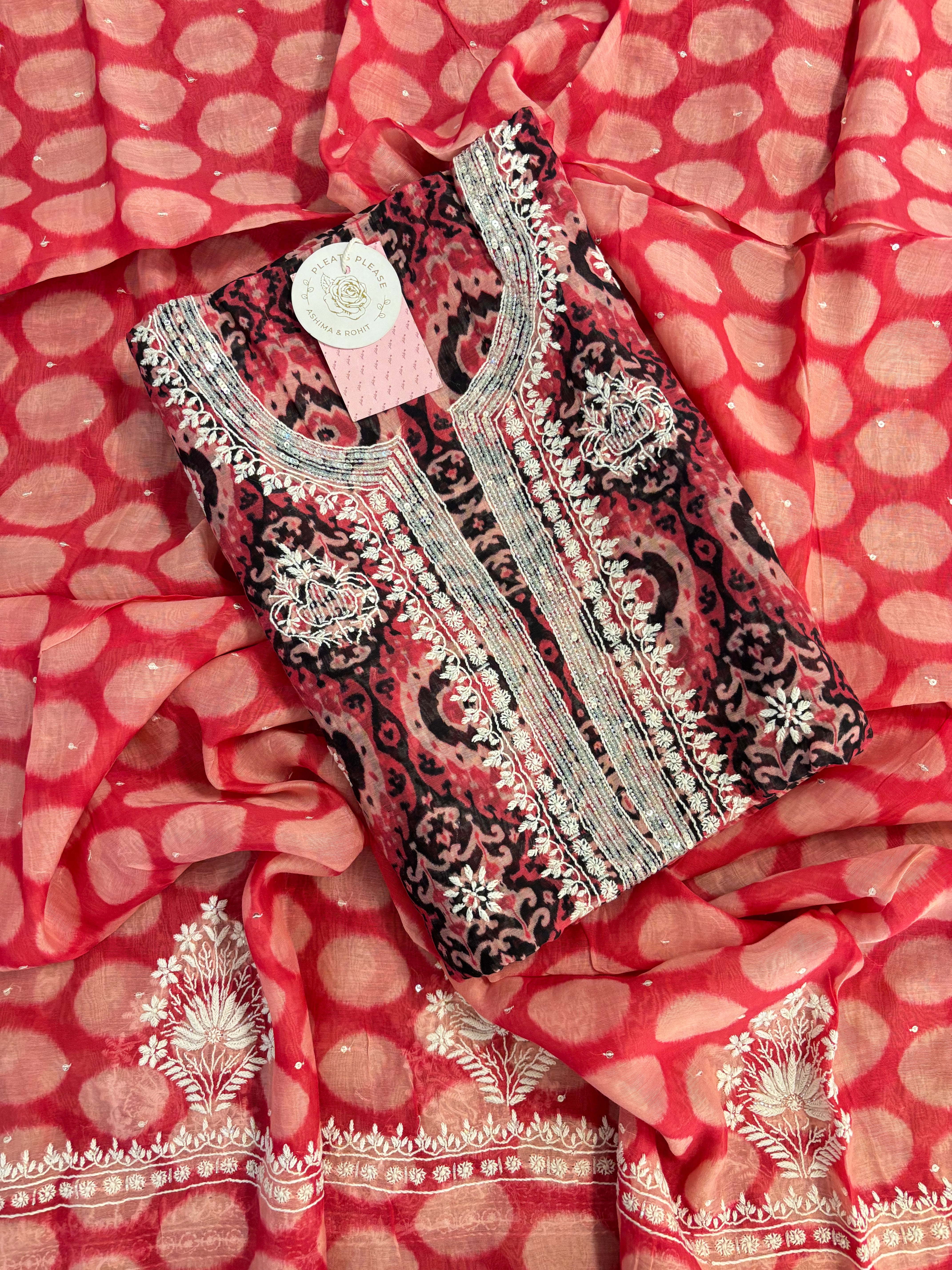 Deep Red Chanderi Chikankari Kurta & Dupatta