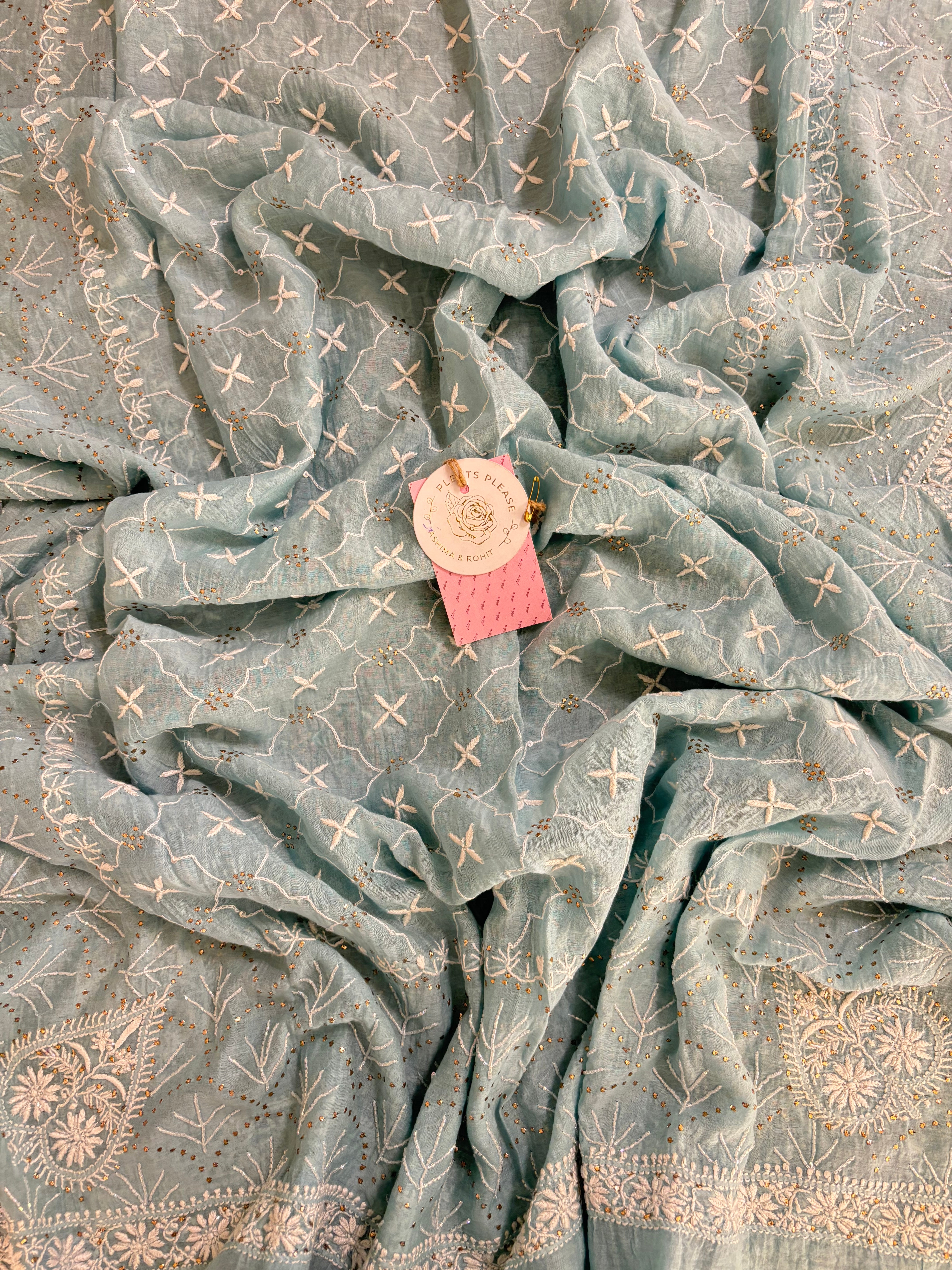 Ice Blue Chanderi Mul Chikankari Mukaish Kurta & Dupatta