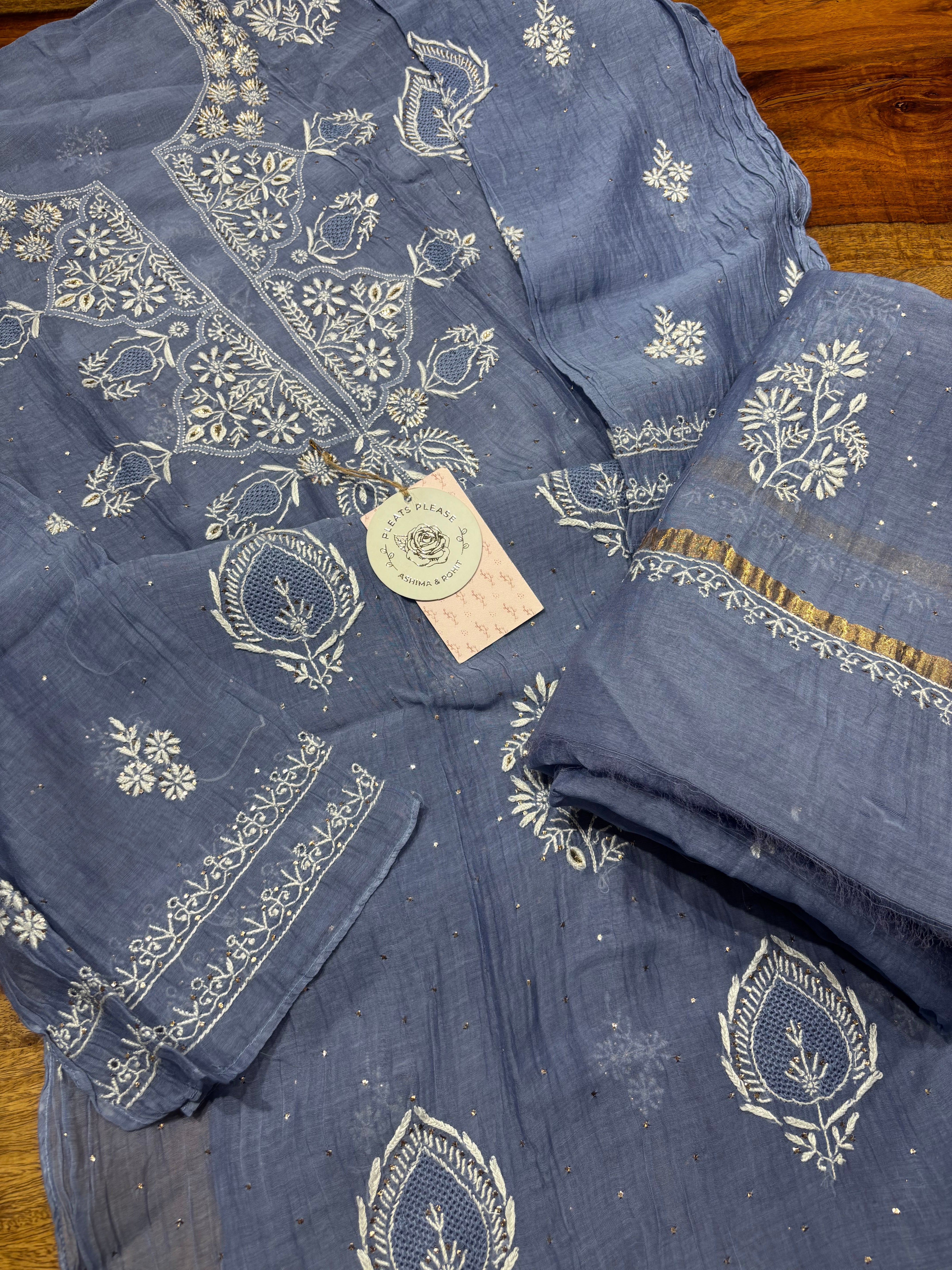 Blue Chanderi Mul Chikankari & Mukaish Kurta and Dupatta set