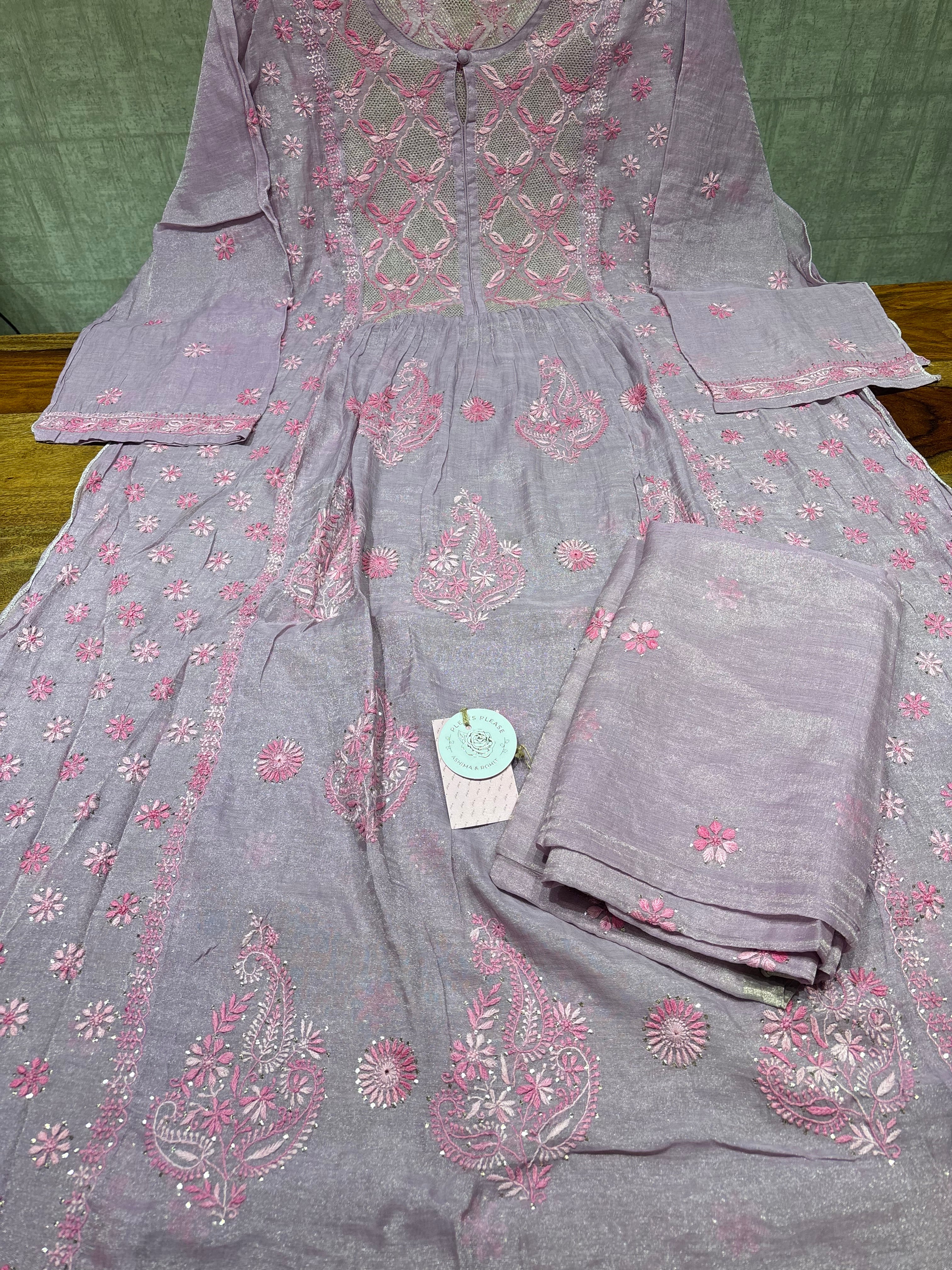 Lilac Pure & Premium Tissue Chikankari Tunic Kurta & Dupatta Set