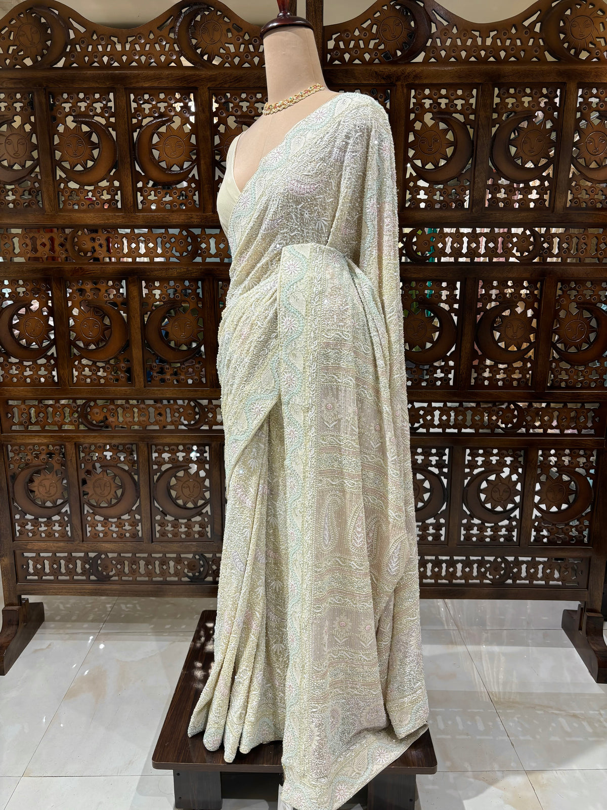 Soft Cream Pure & Premium Georgette Chikankari Saree