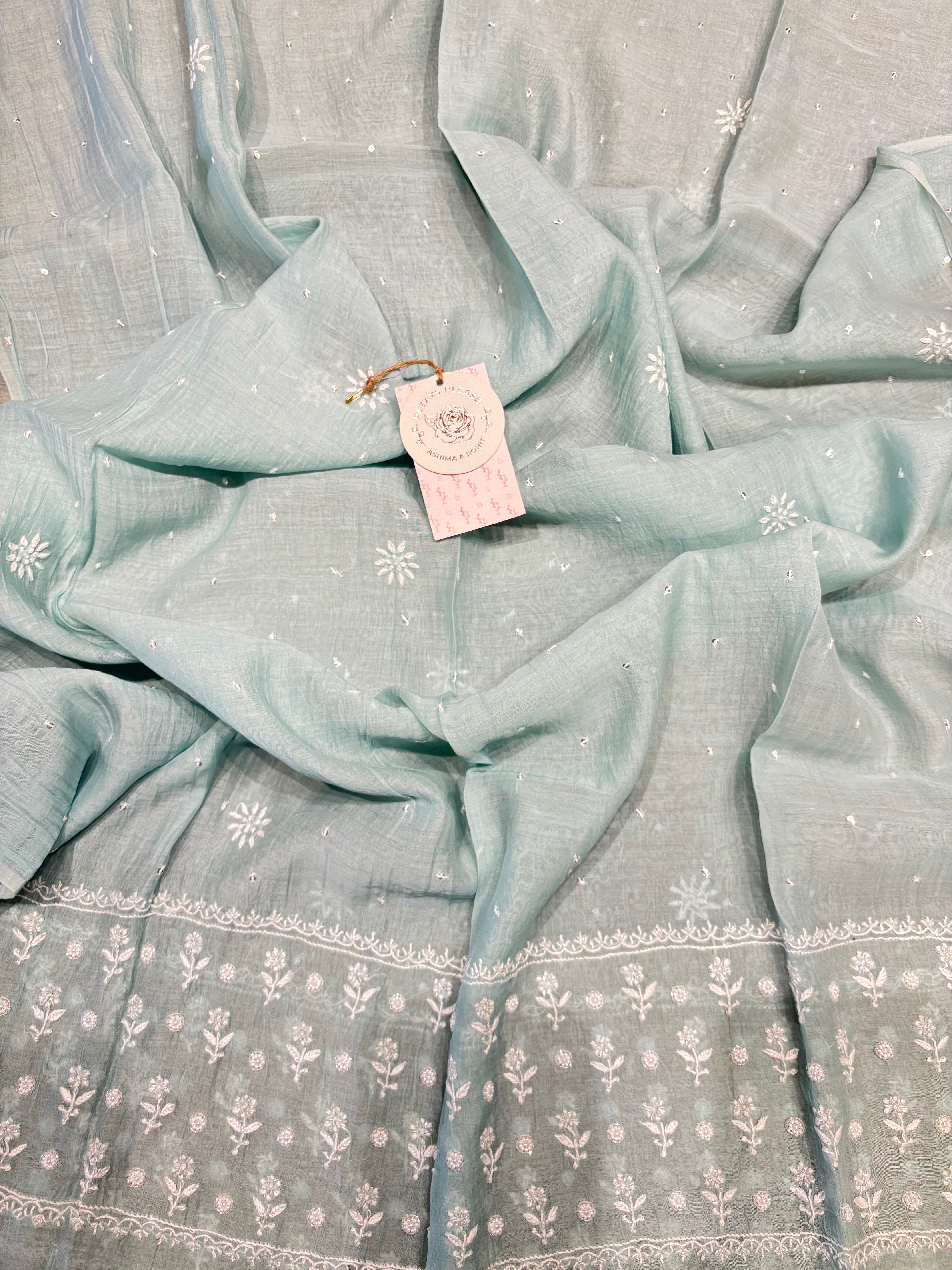 Teal Green Chanderi Mul Chikankari Anarkali Kurta and Dupatta