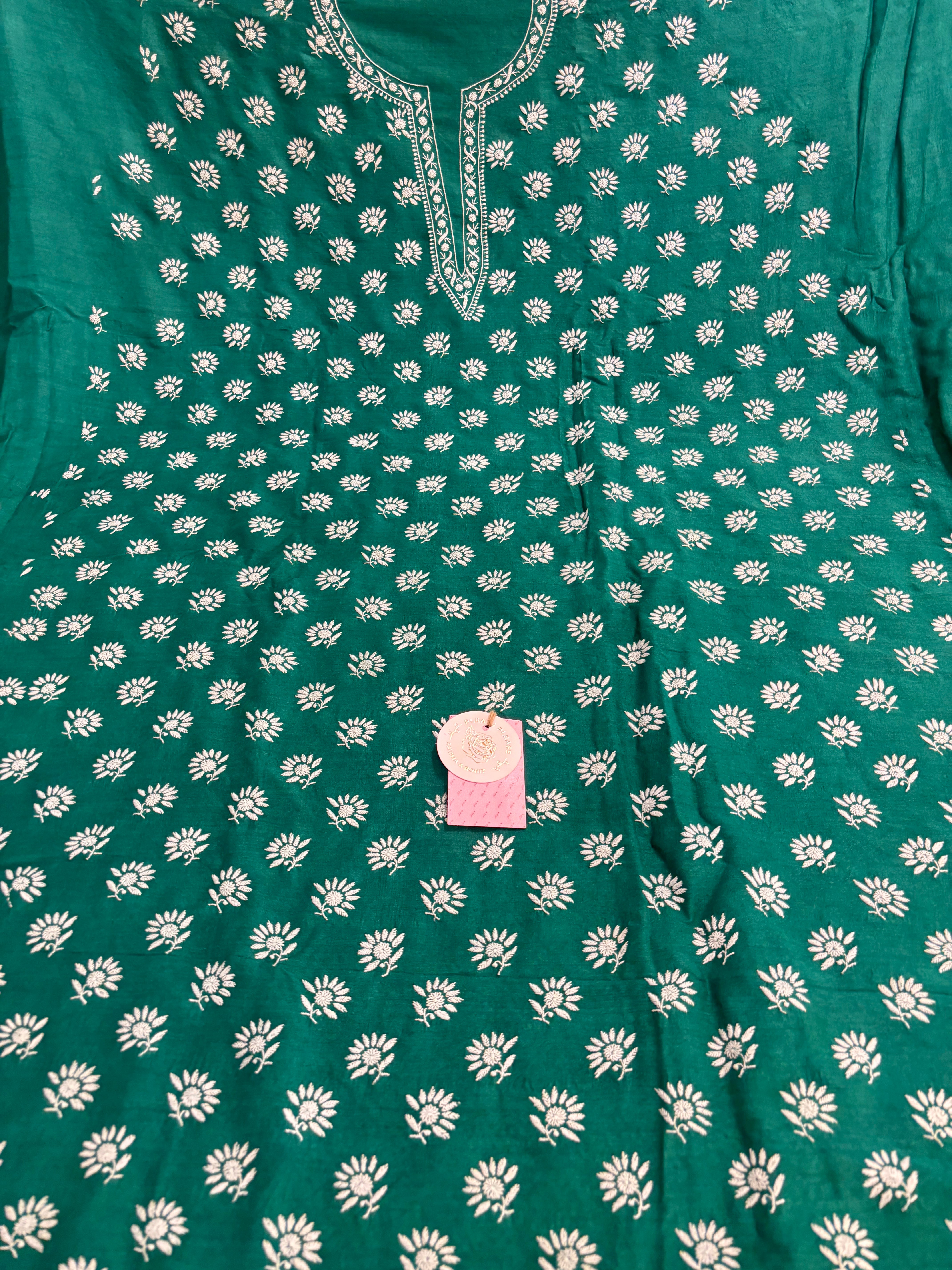 Emerald Green Monga Silk Chikankari Kurta & Dupatta