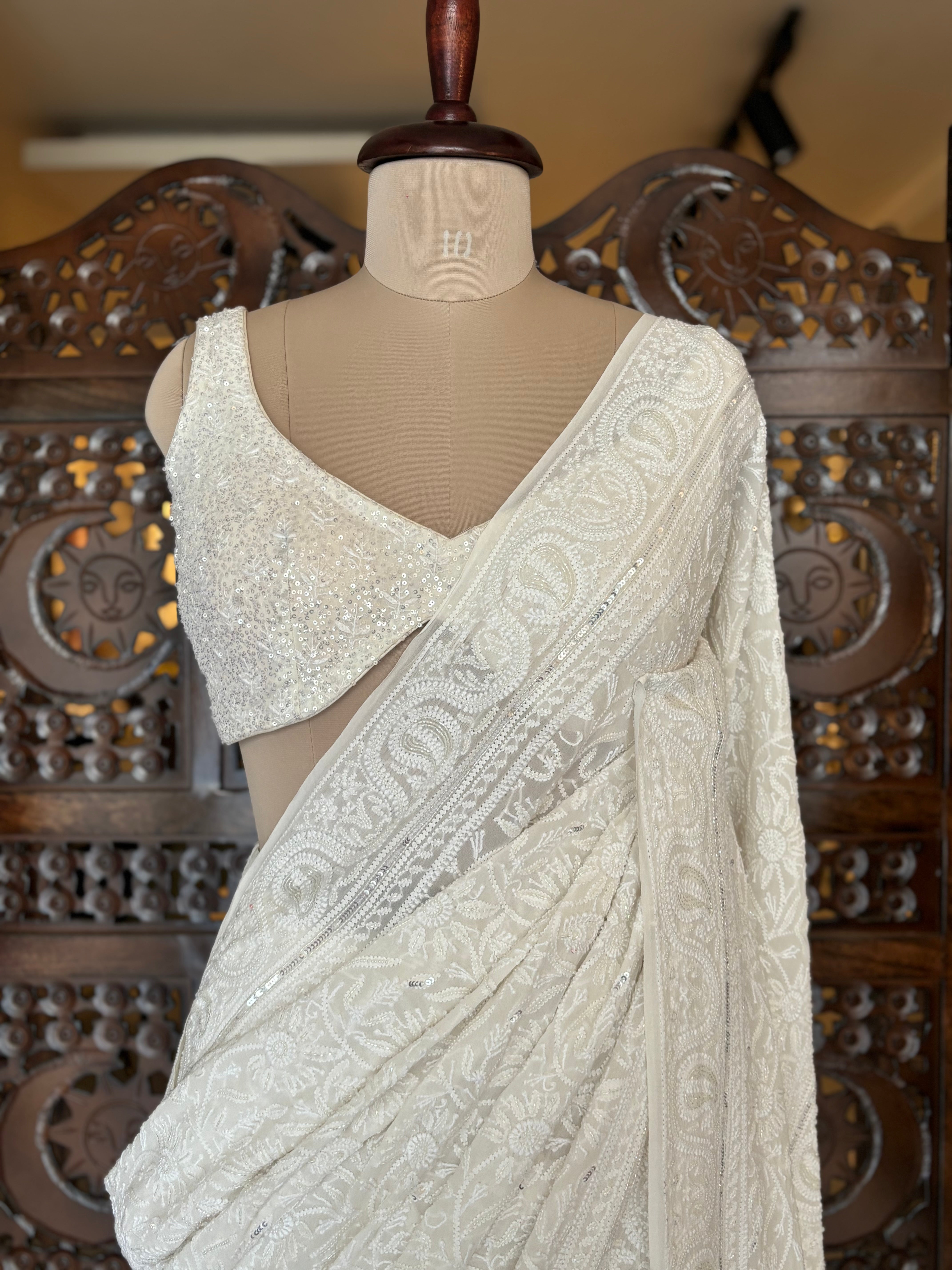 Dyeable Pure and Premium Georgette Chikankari Saree and Blouse - Pleats PleaseChikankari