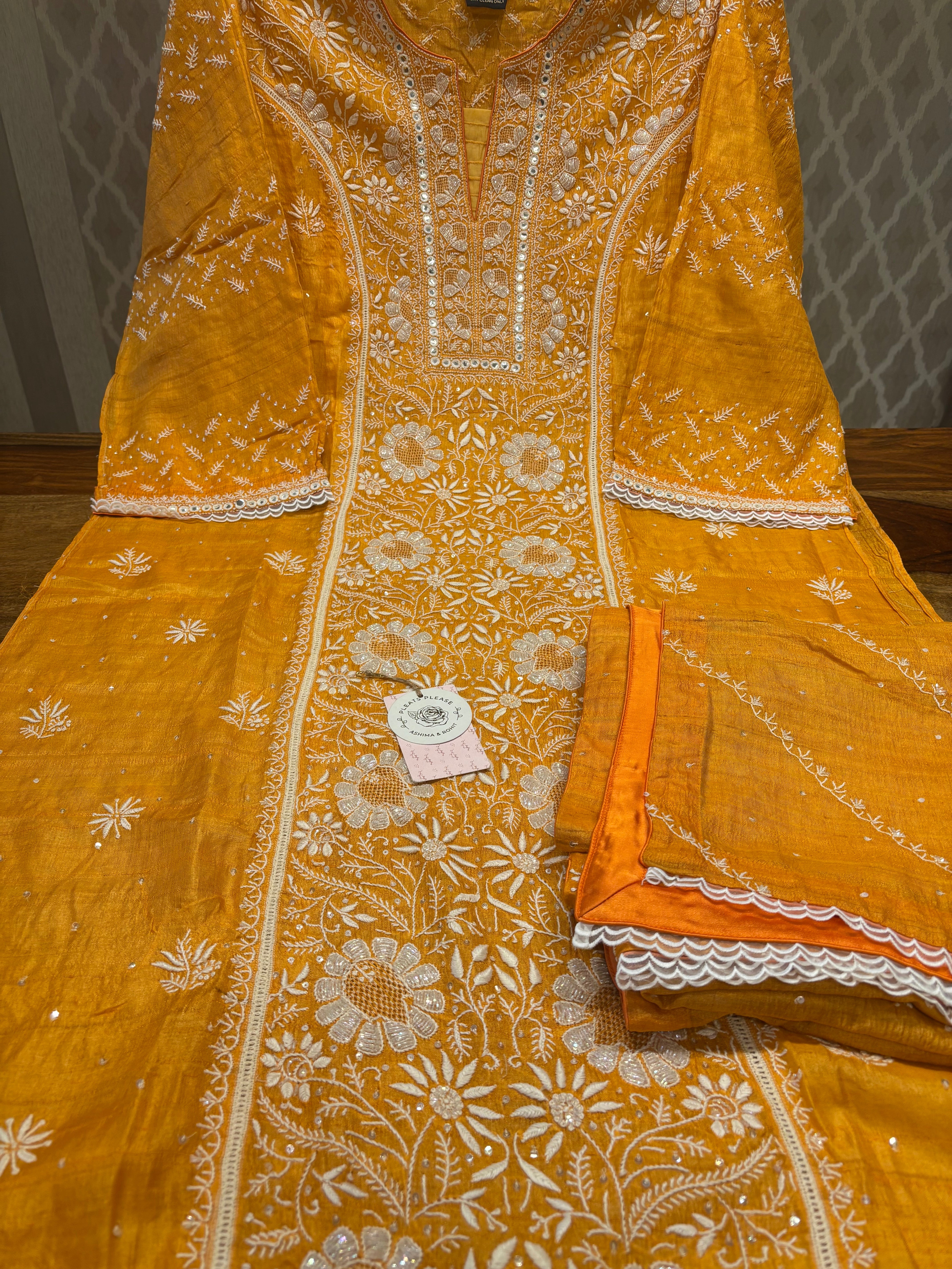 Orange Silk Chikankari Kurta and Dupatta