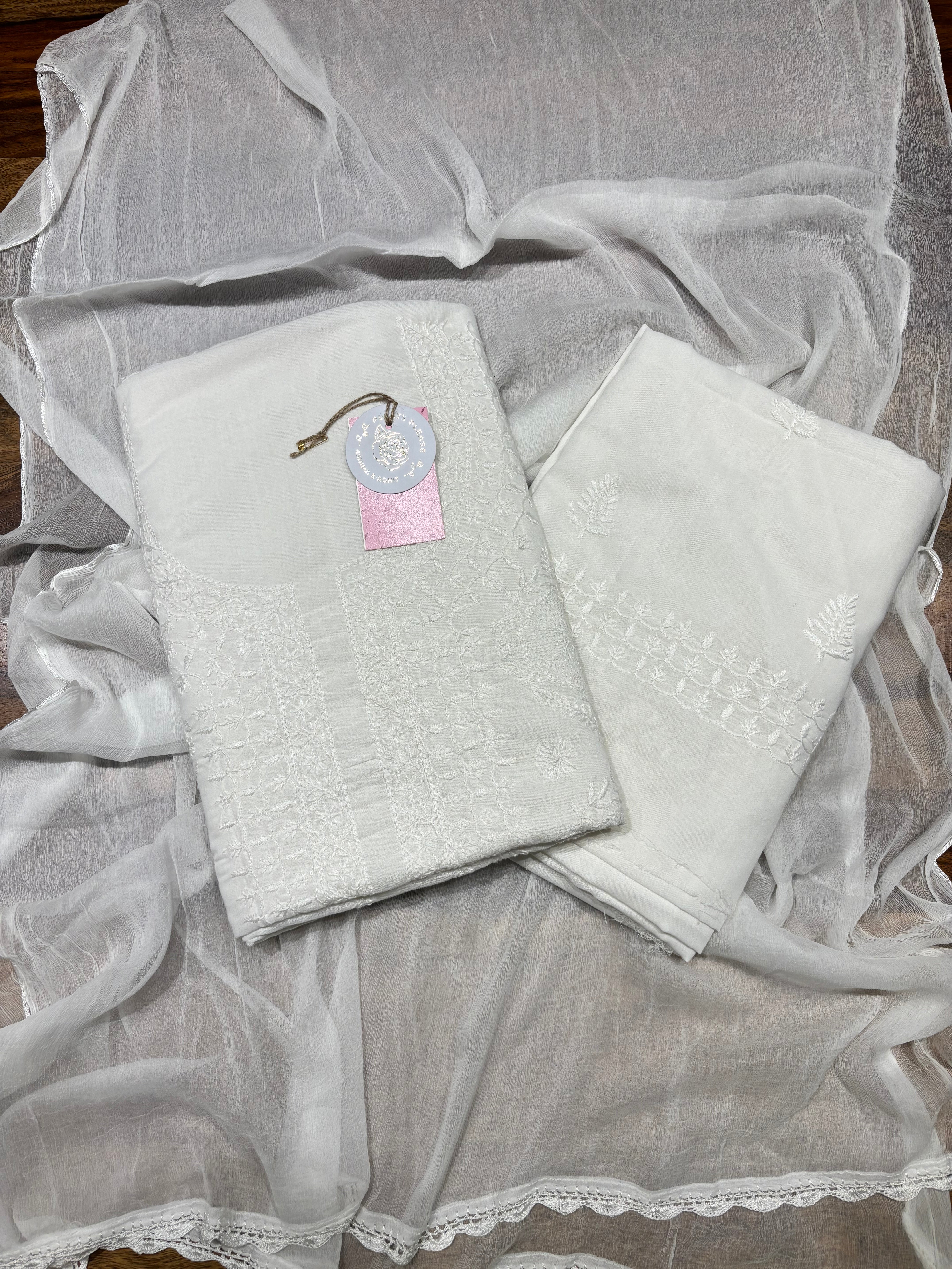 Dyeable Mulmul Chikankari Kurta, Dupatta & Bottom Fabric