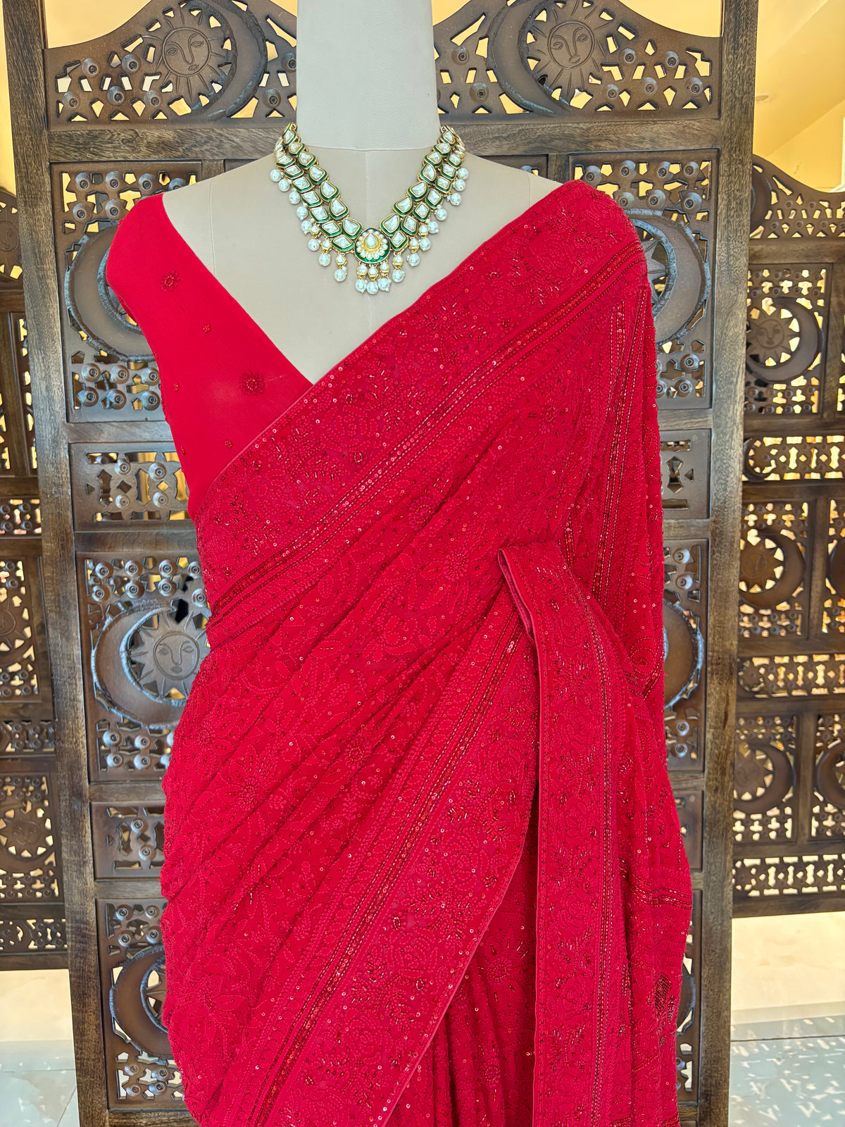 Crimson Red Pure & Premium Georgette Chikankari Saree - Pleats PleaseChikankari