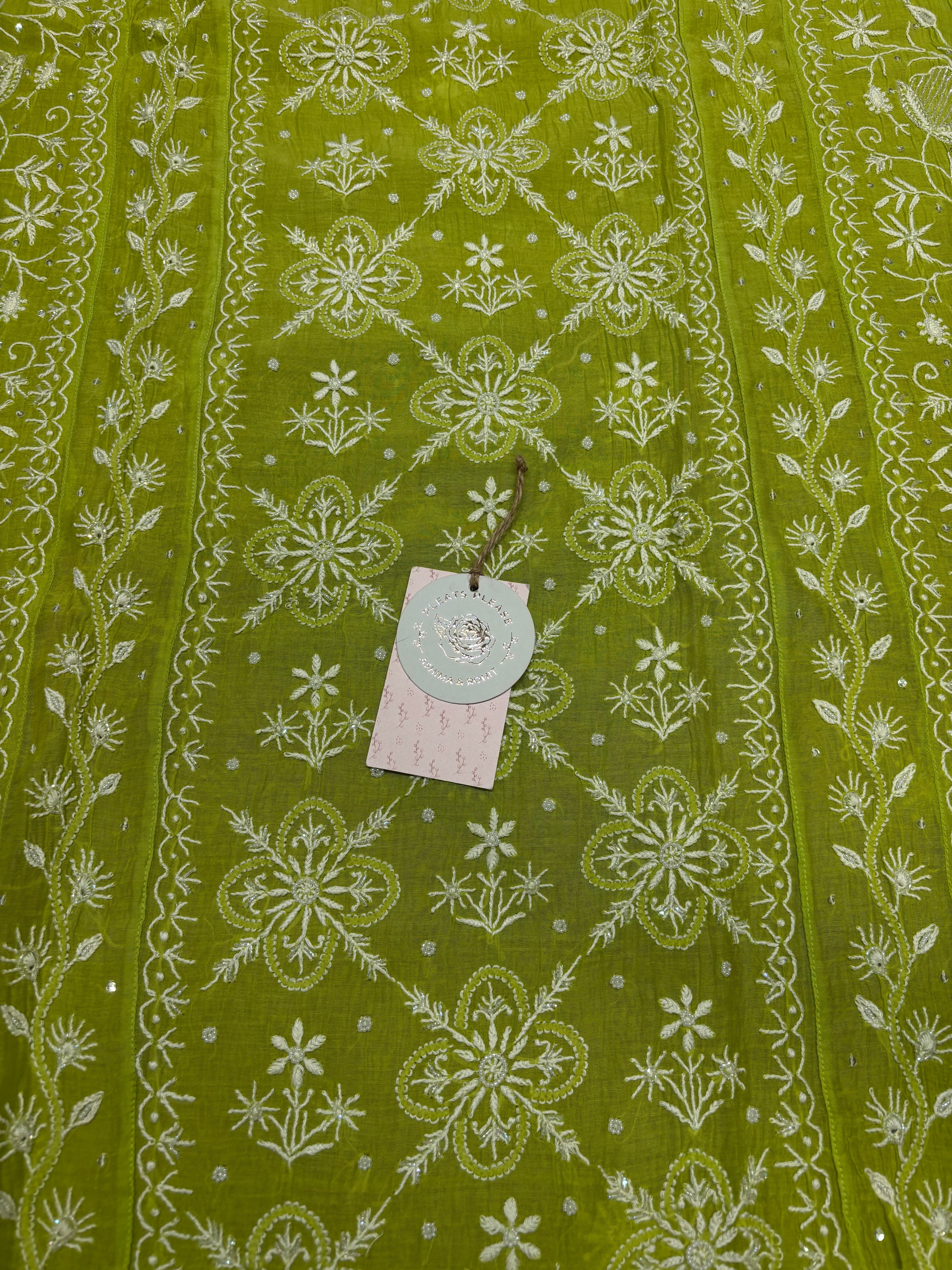 Green Apple Mist Chanderi Mul Chikankari Anarkali And Dupatta Set