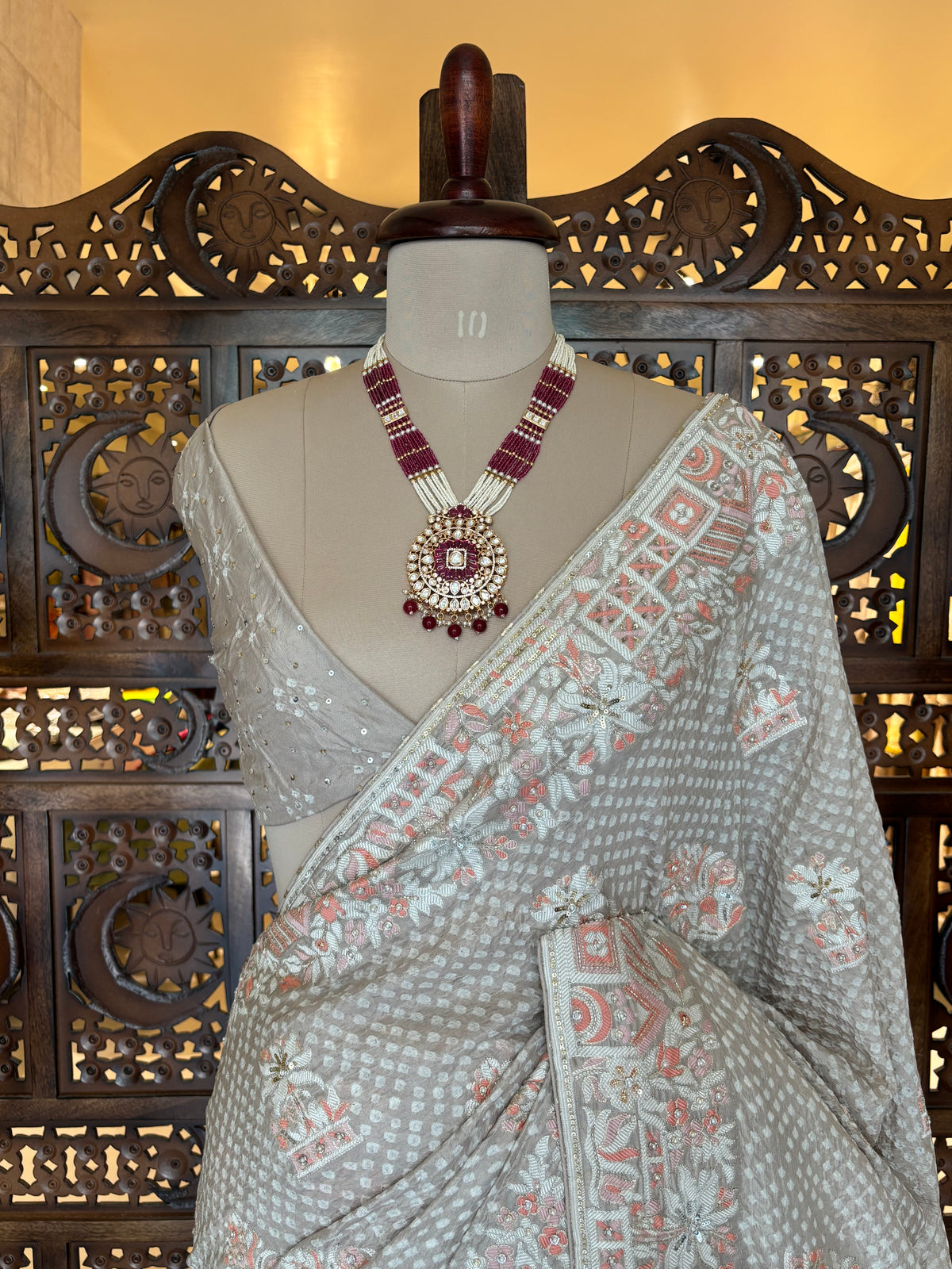 Platinum Grey Bandhej Zardozi Embellished Saree