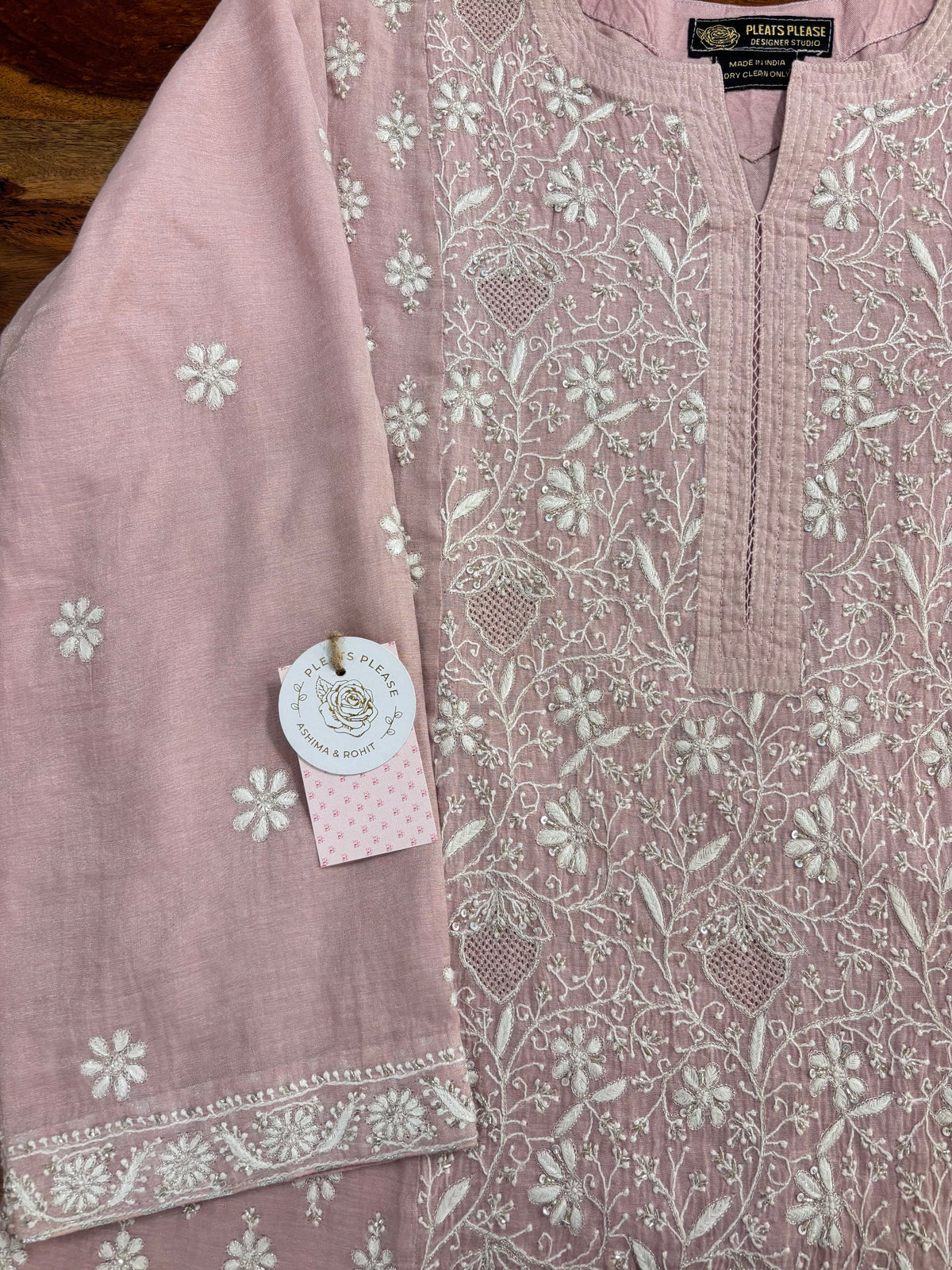 Pink Pure Tissue Chikankari Kurta, Dupatta With Bottom