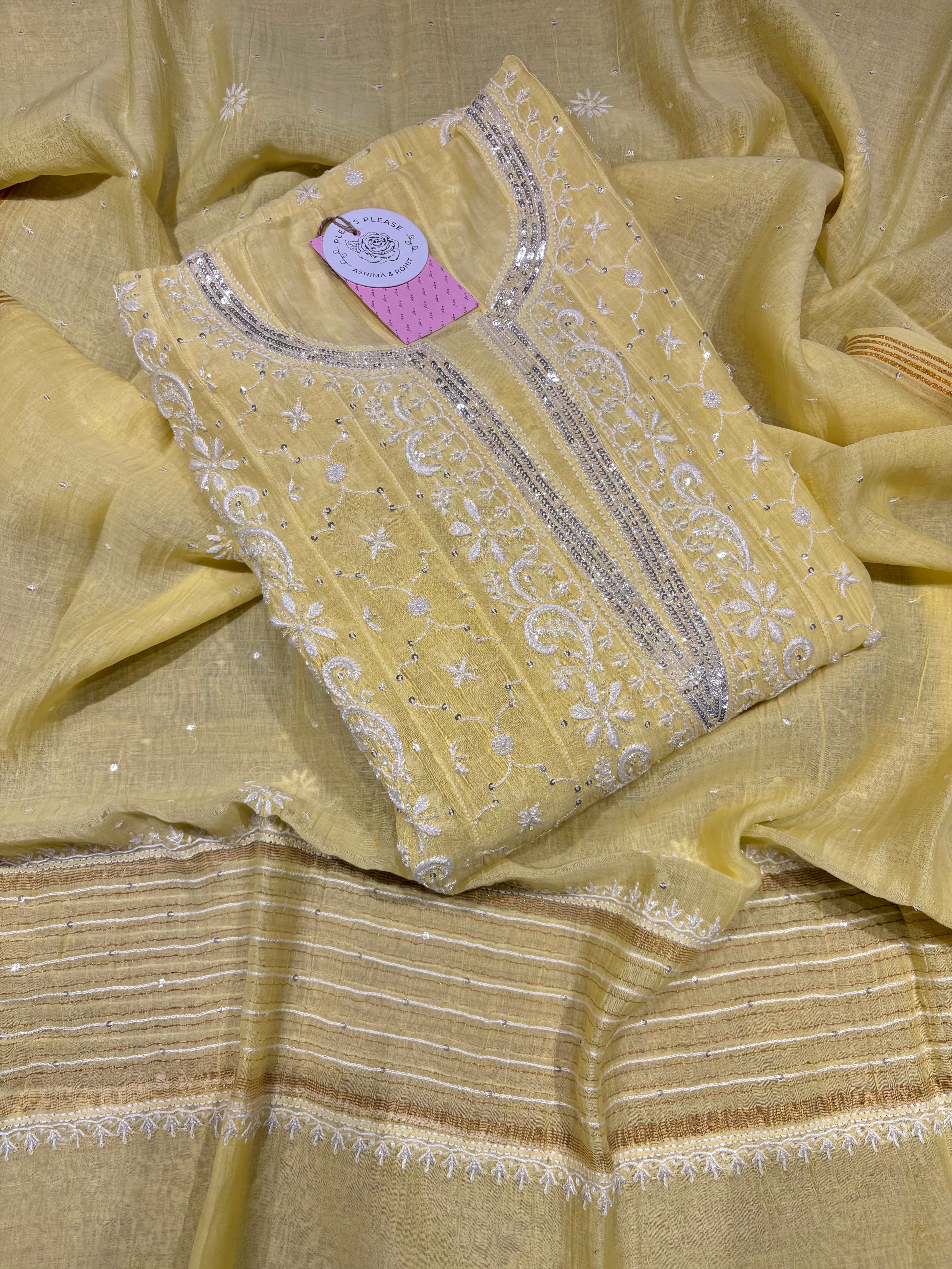 Yellow Chanderi Mul Chikankari Anarkali and Dupatta Set