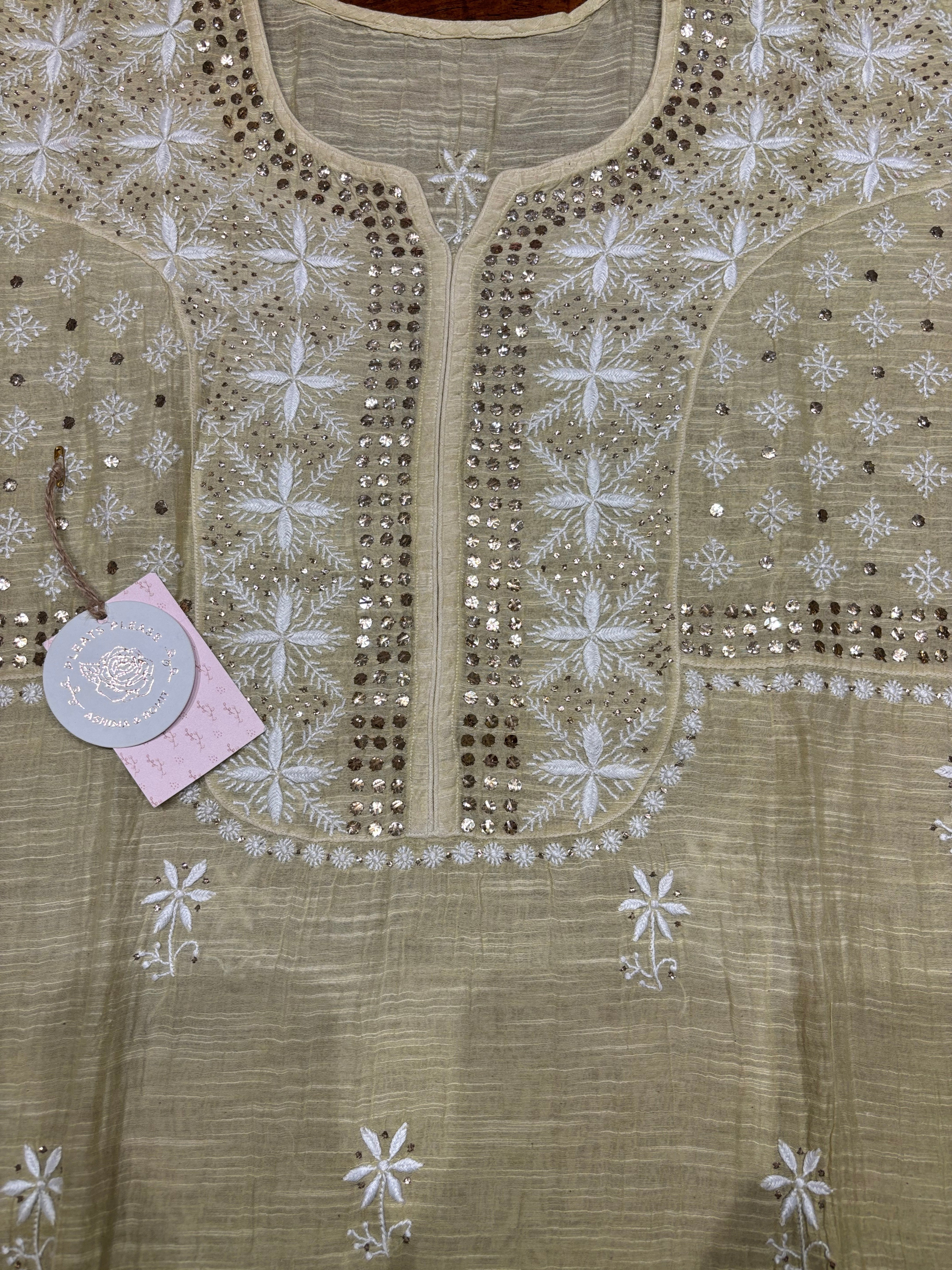 Green Ombre Linen Chikankari Mukaish Kurta