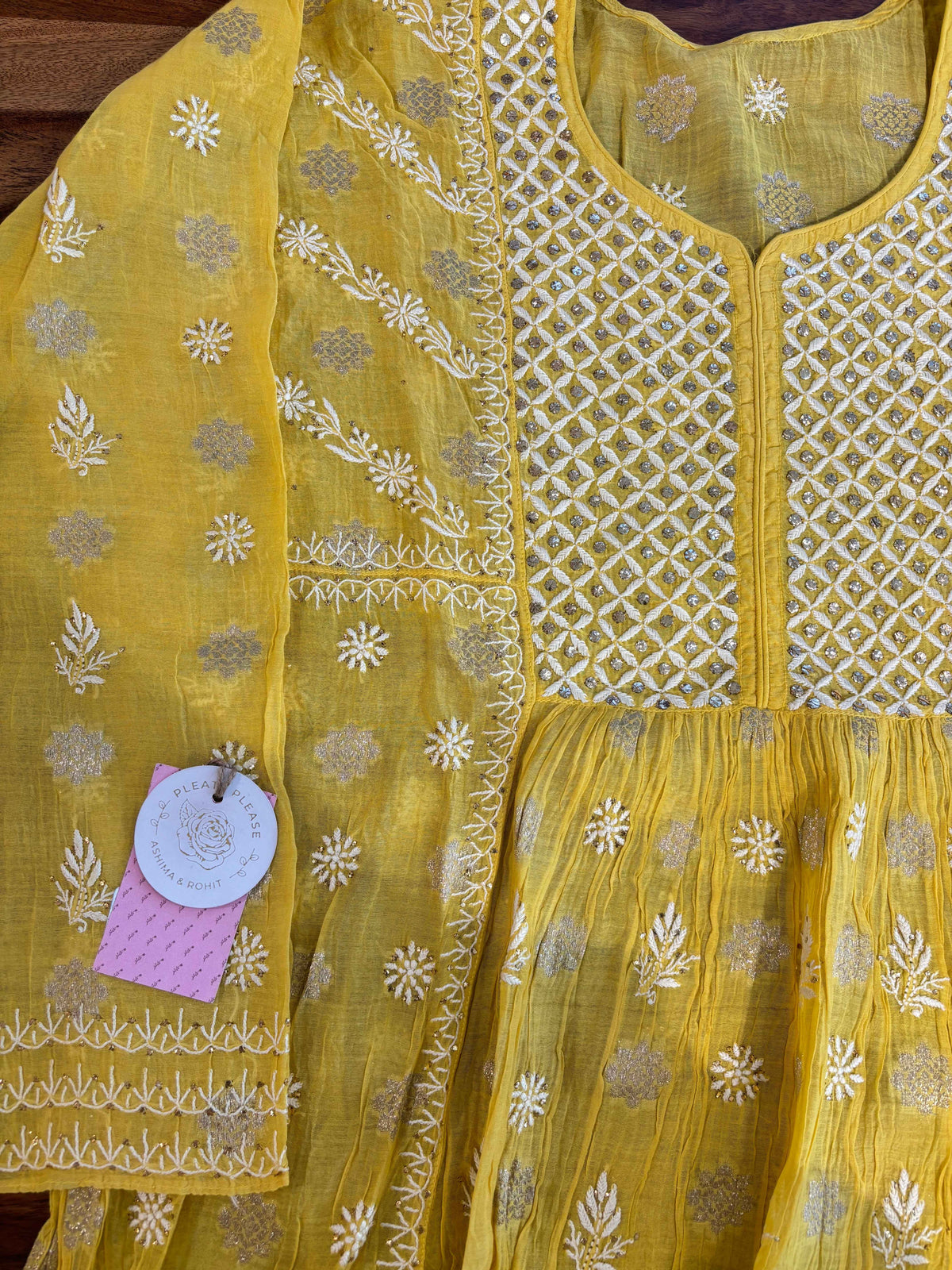 Yellow Chanderi Chikankari Mukaish Kurta, Dupatta & Sharara Set