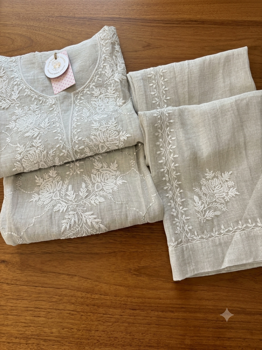Dyeable Silver Tissue Chikankari Co-ord Set