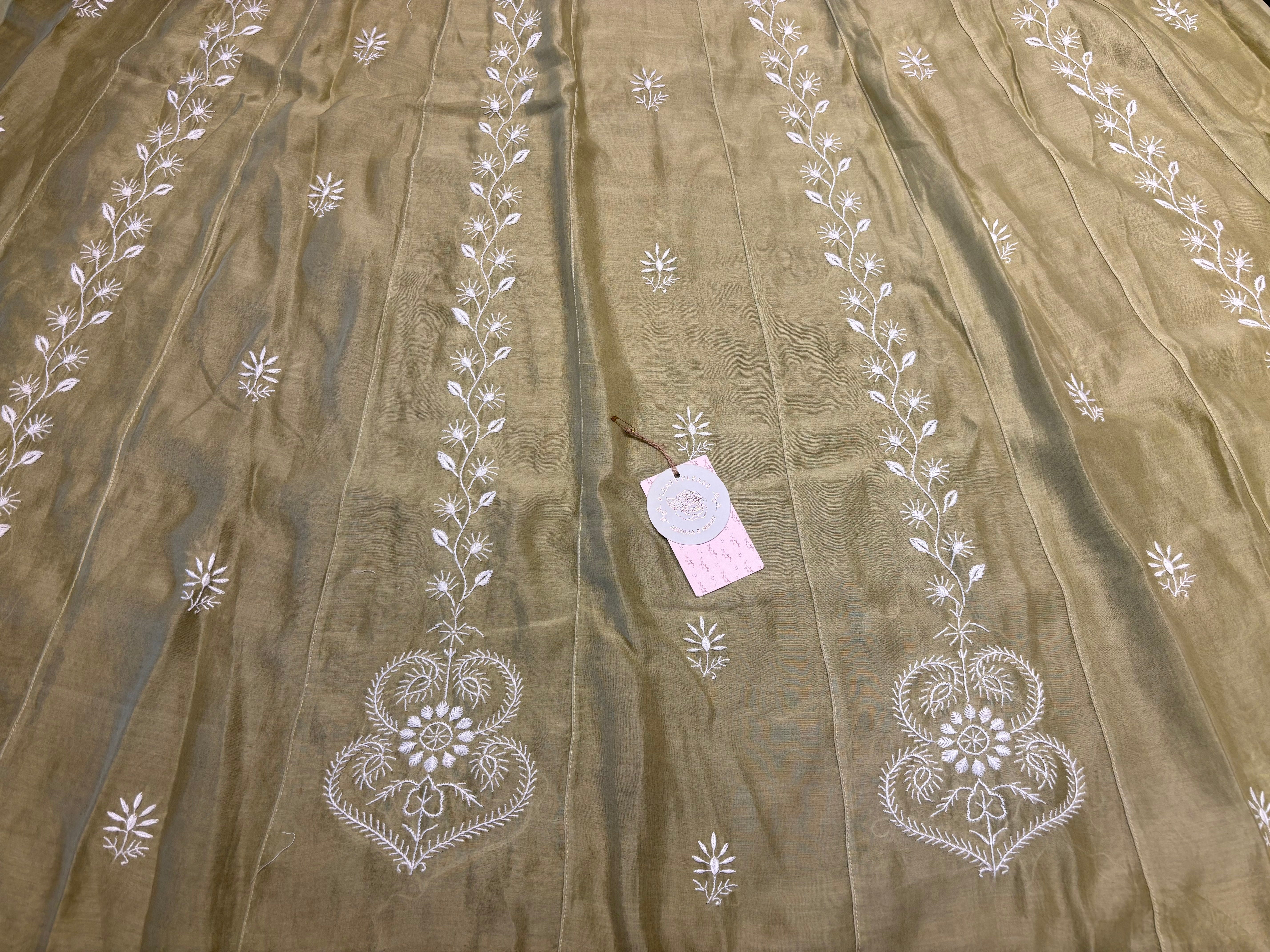 Pastel Olive Green Chanderi silk Chikankari Anarkali and Dupatta set