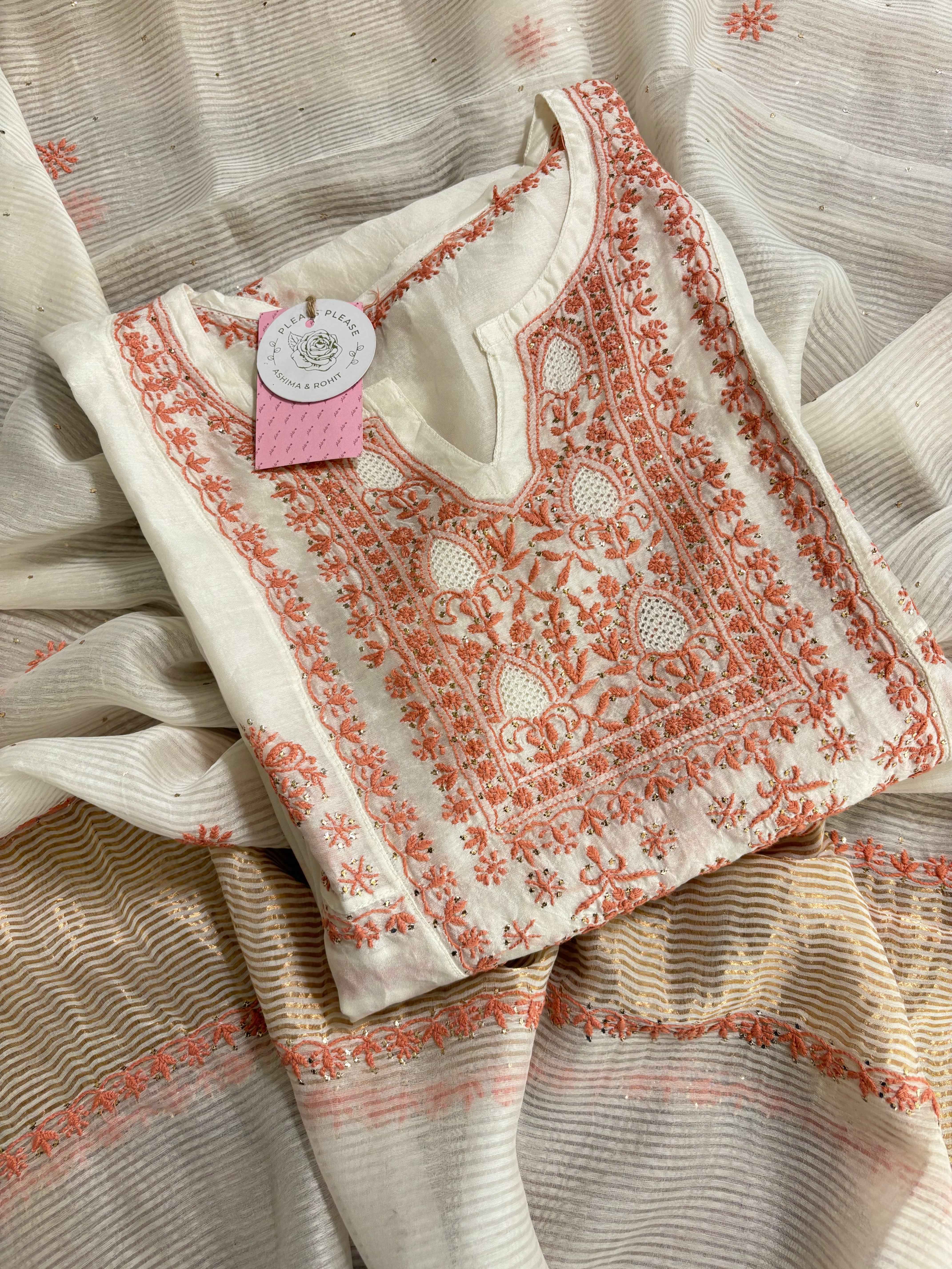 Dyeable Chanderi Chikankari Mukaish Anarkali & Dupatta Set