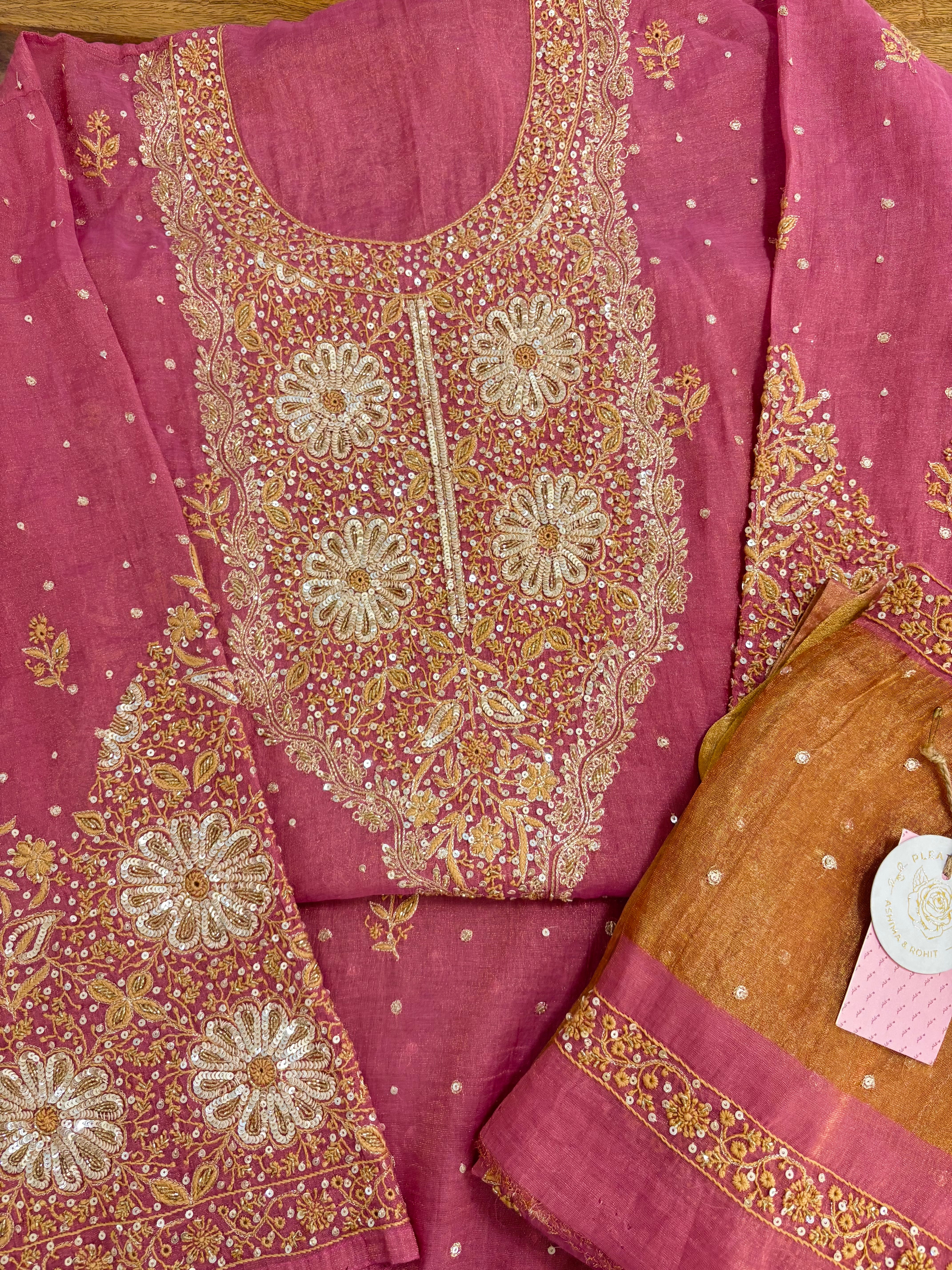 Rose Pink Pure & Premium Tissue Chikankari Kurta & Dupatta