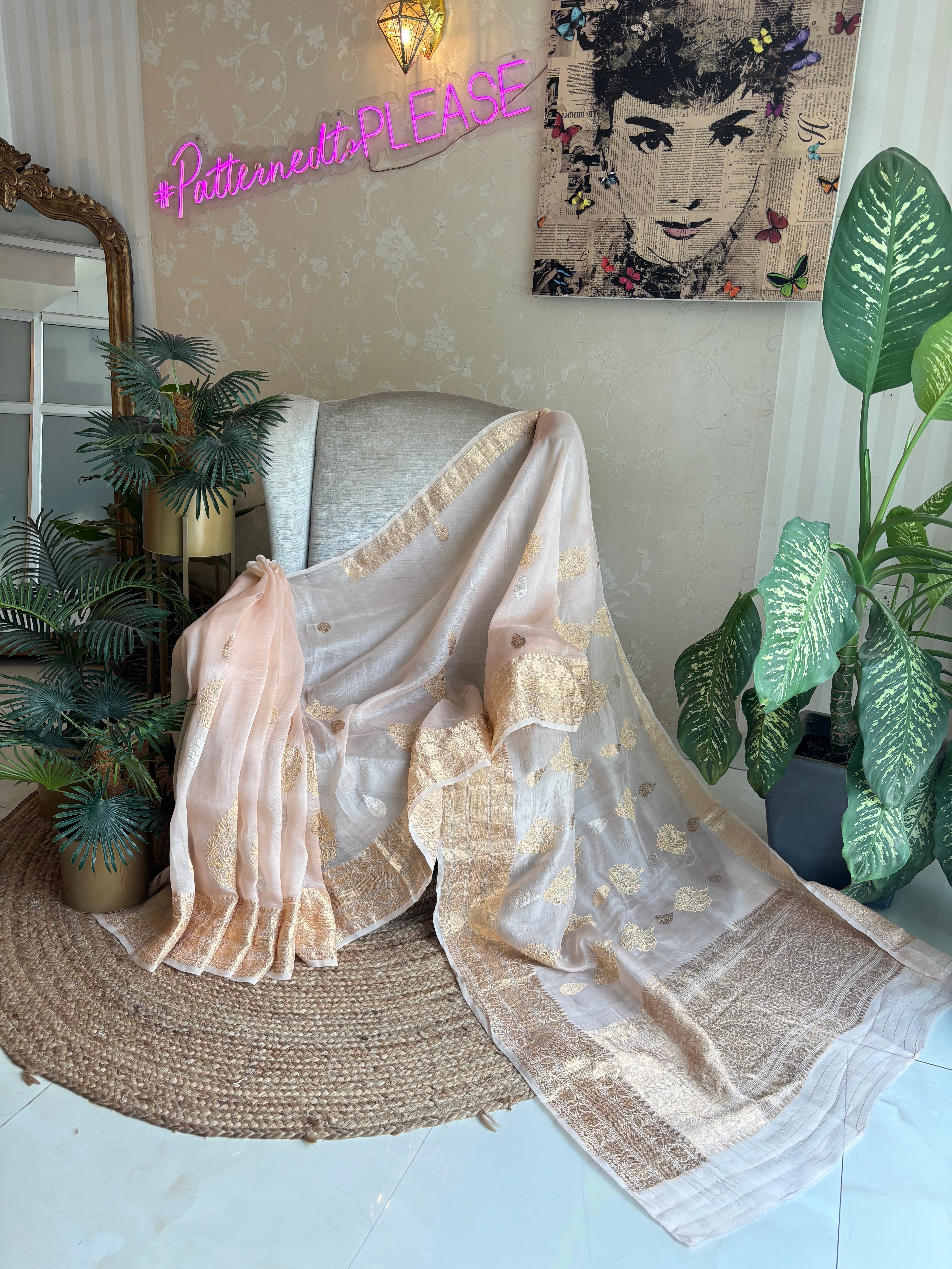 Rose Gold organza Kora Silk Chikankari Saree and Blouse