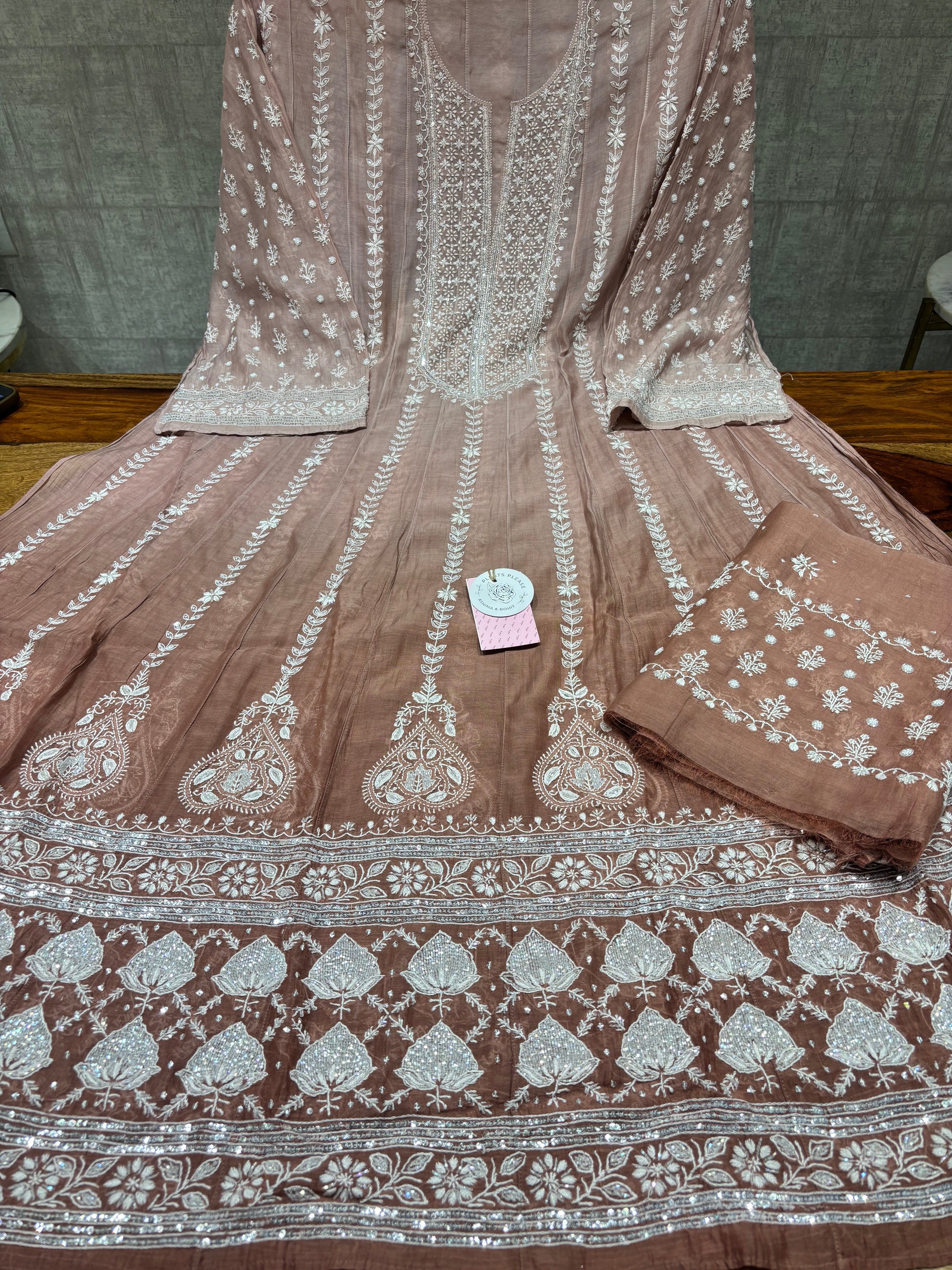 Rosewood Ombre Chanderi Mul Chikankari Anarkali & Dupatta Set