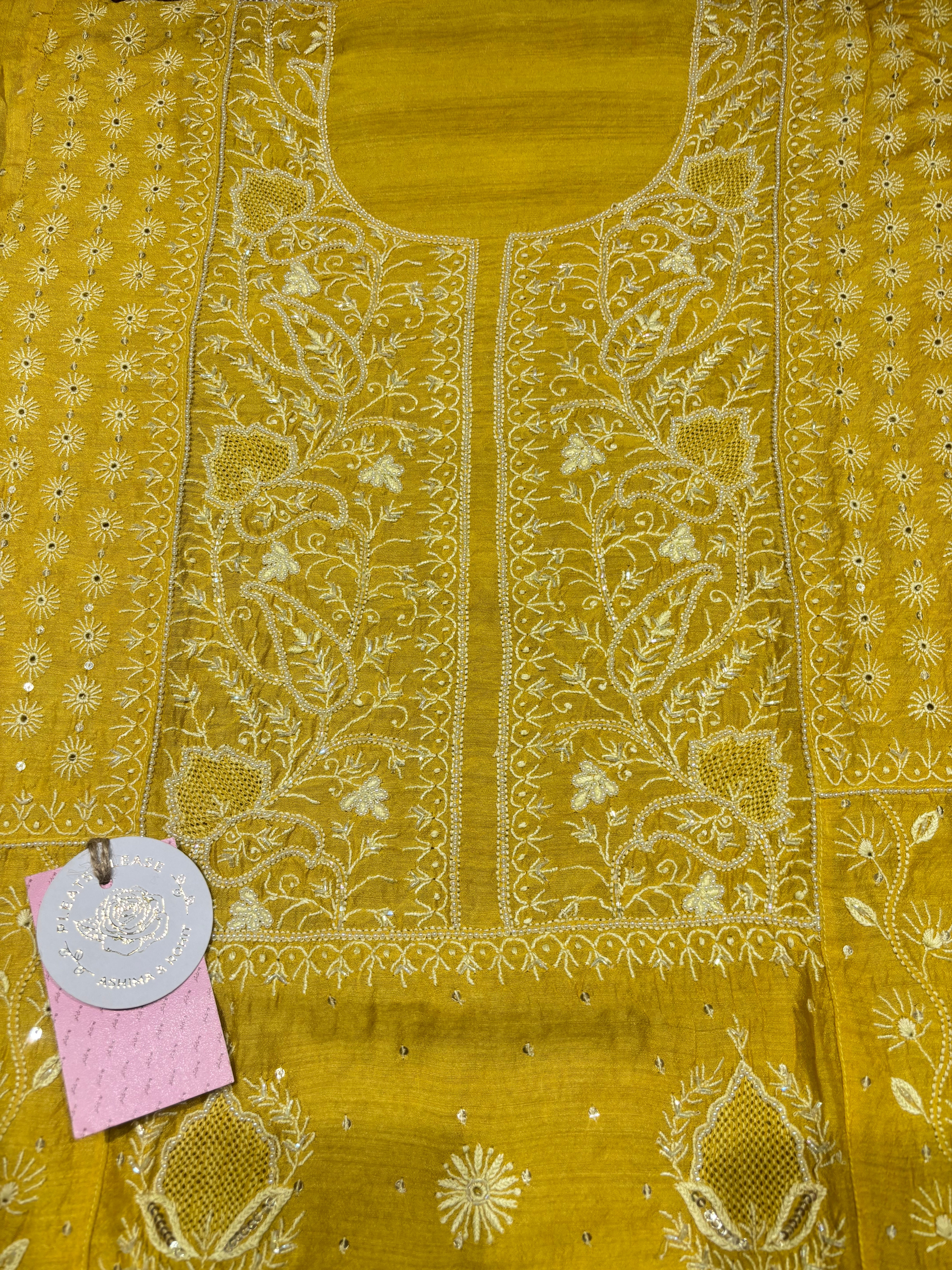 Mustard Pure & Premium Monga Silk Chikankari Anarkali & Dupatta Set