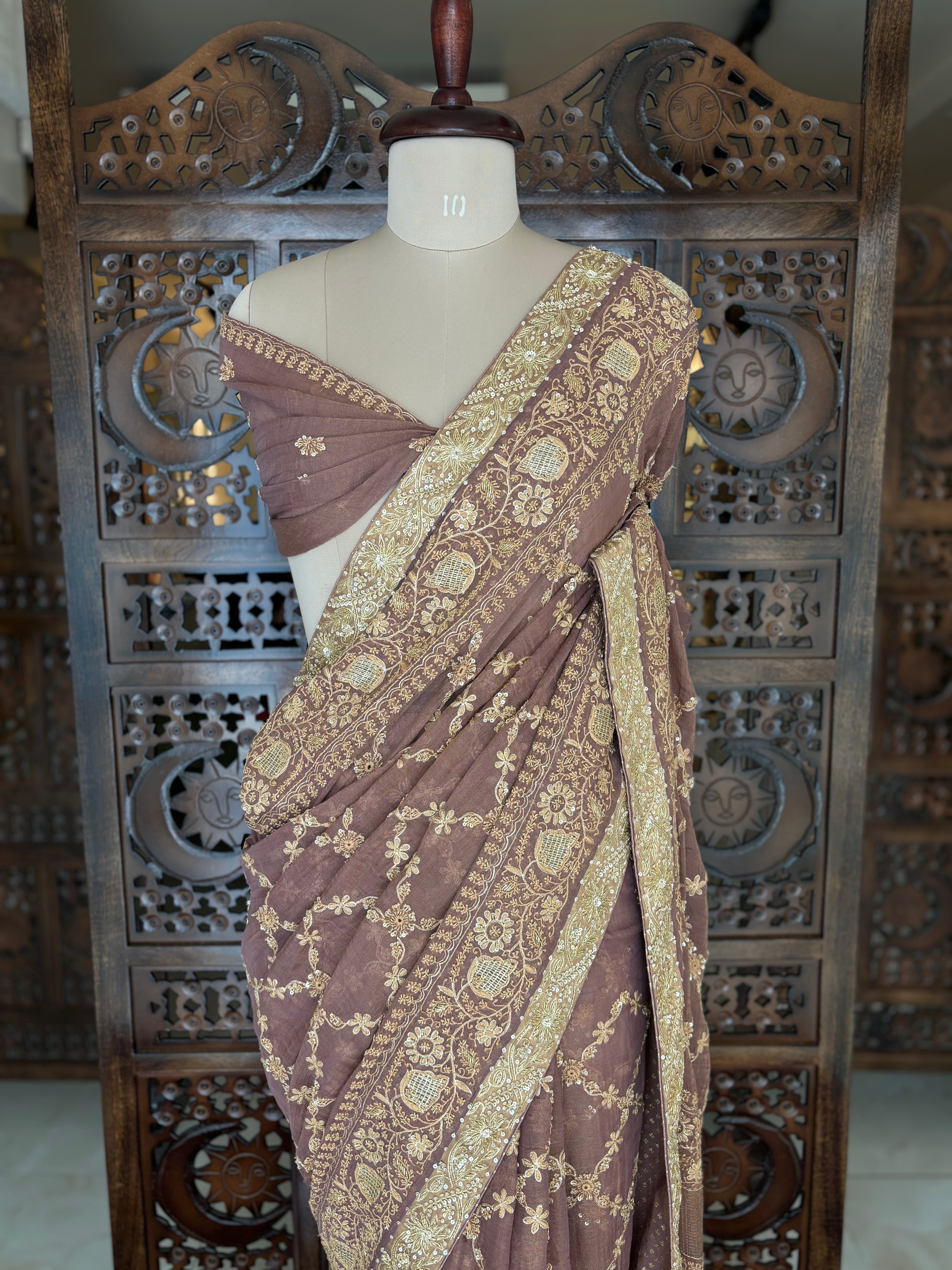 Garnet Pure & Premium Tissue Chikankari Saree and Blouse - Pleats PleaseChikankari