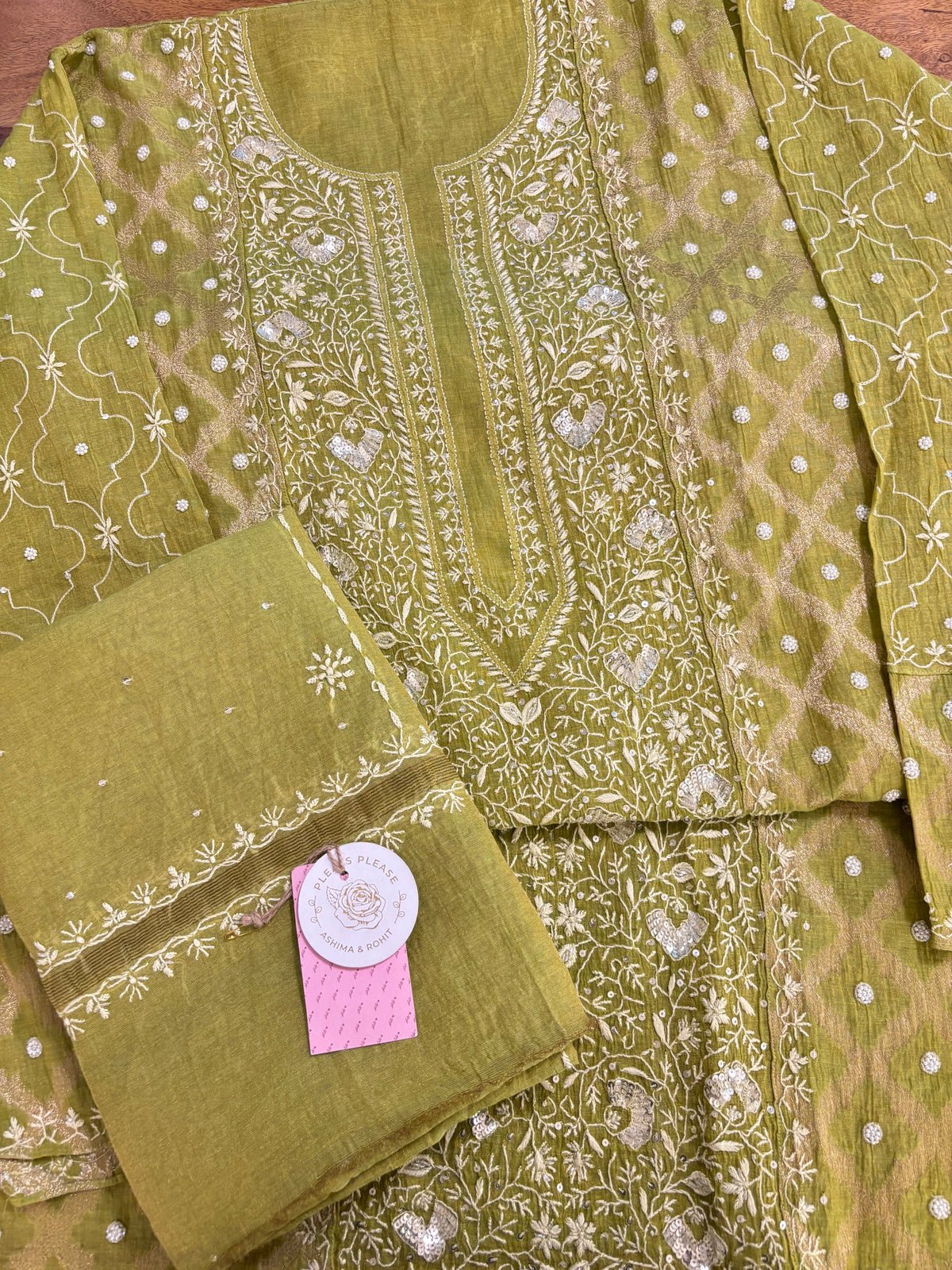 Bright Green Tissue Chanderi Chikankari Kurta & Dupatta