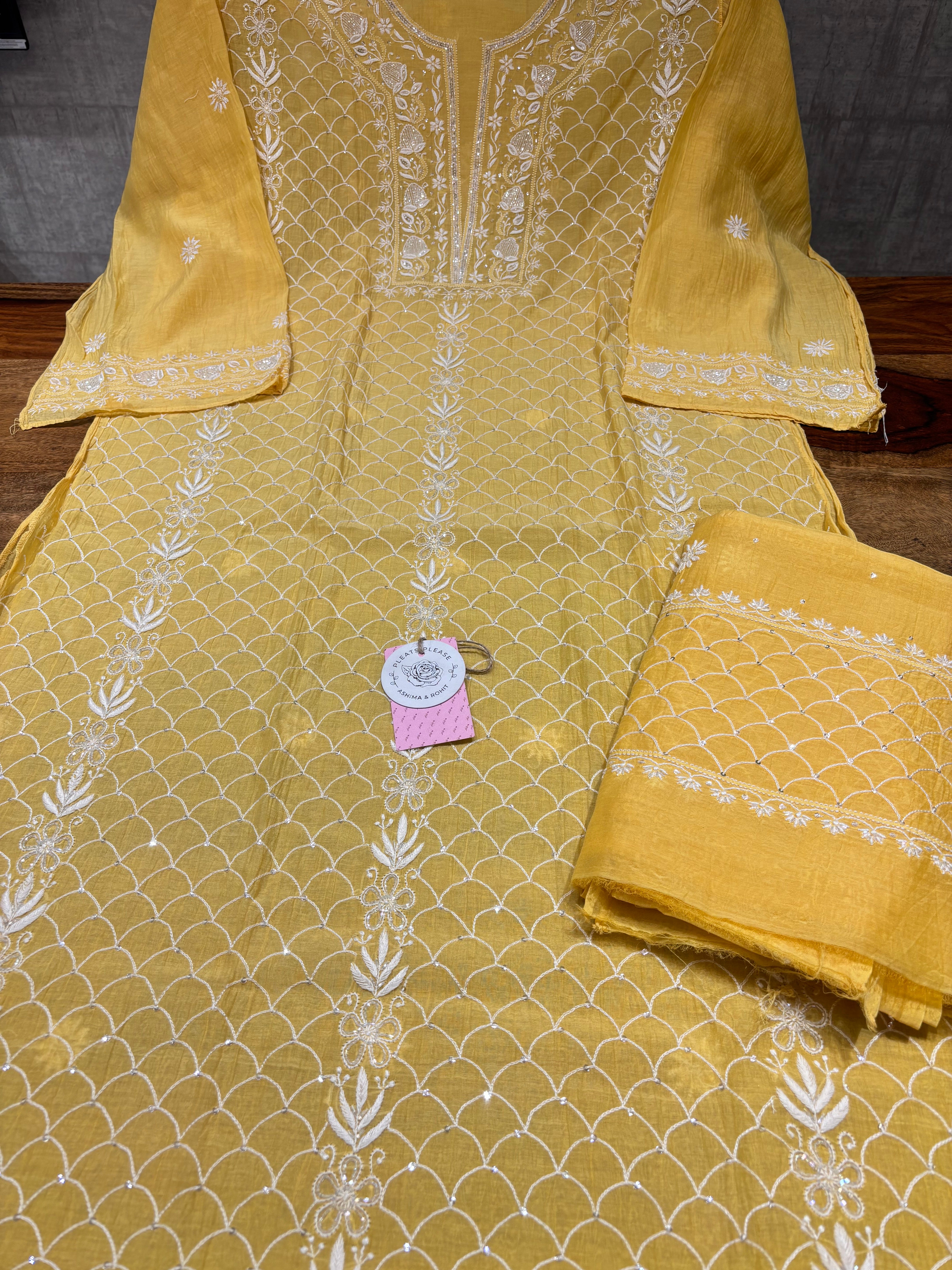 Yellow Chanderi Mul Chikankari Kurta & Dupatta Set