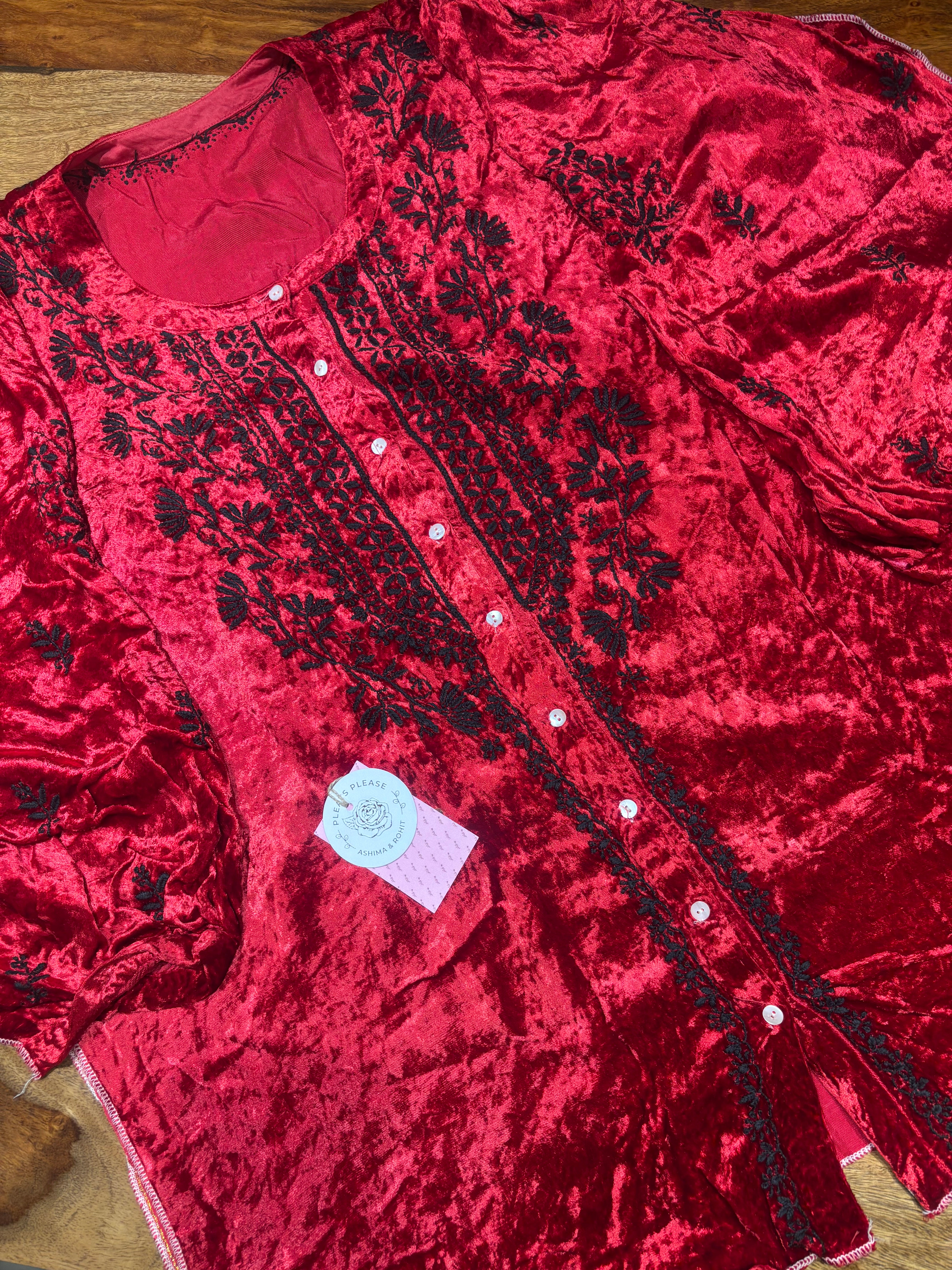 Red Pure & Premium Velvet Chikankari Co-ord Set