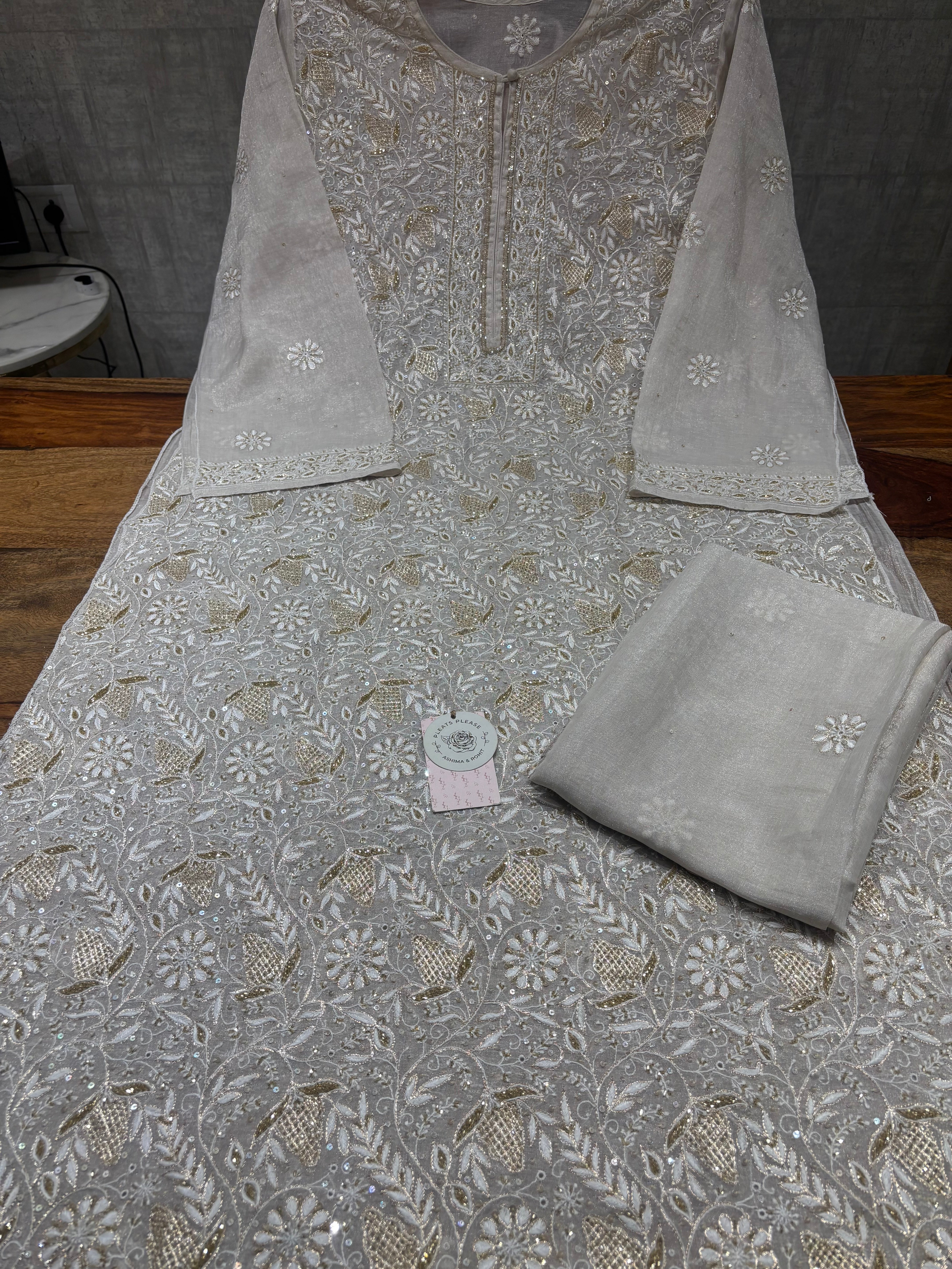 Dyeable Pure & Premium Silver Tissue Chikankari Kurta & Dupatta Set