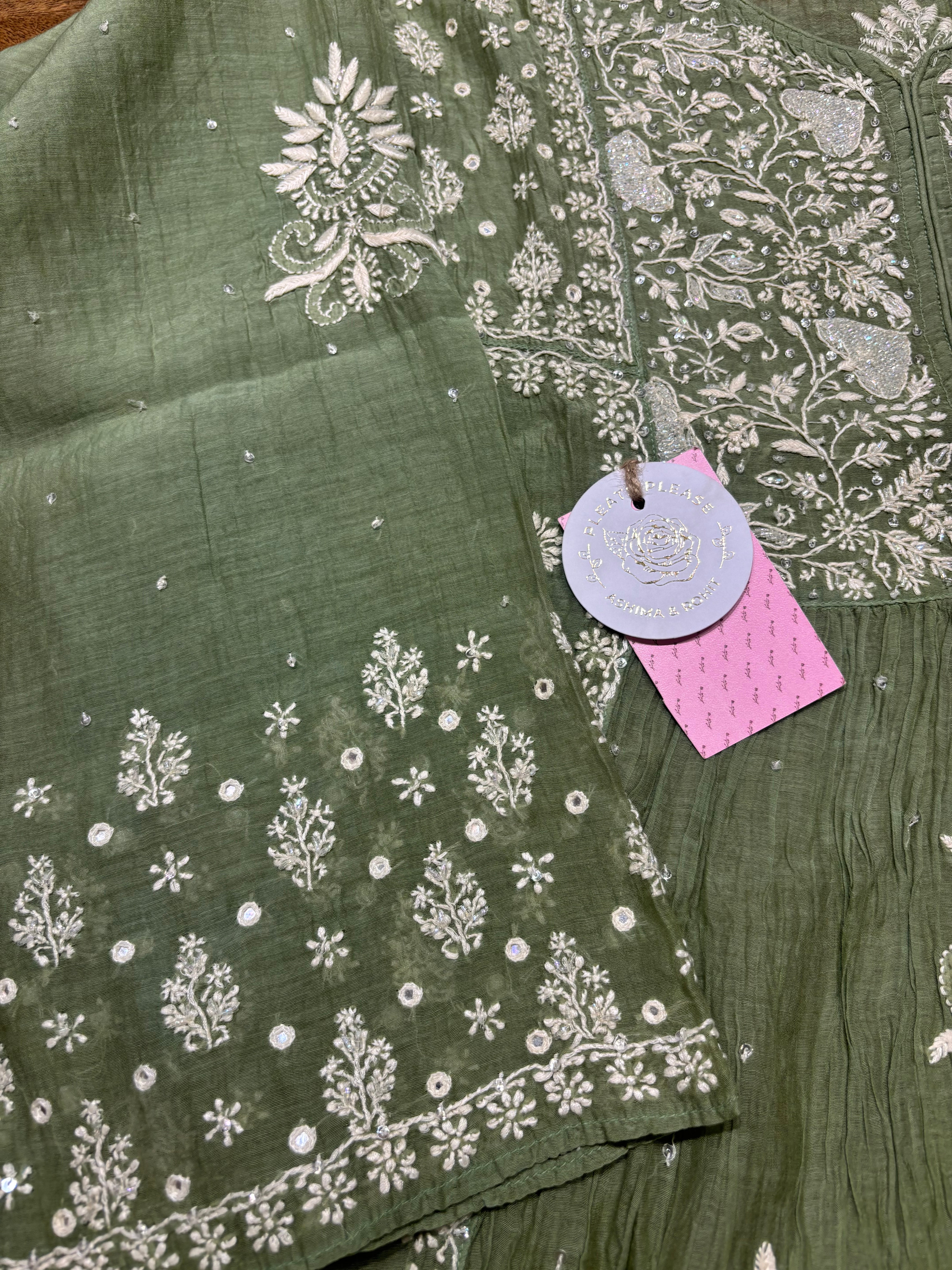 Sage Green Chanderi Mul Chikankari Kurta, Sharara & Dupatta Set