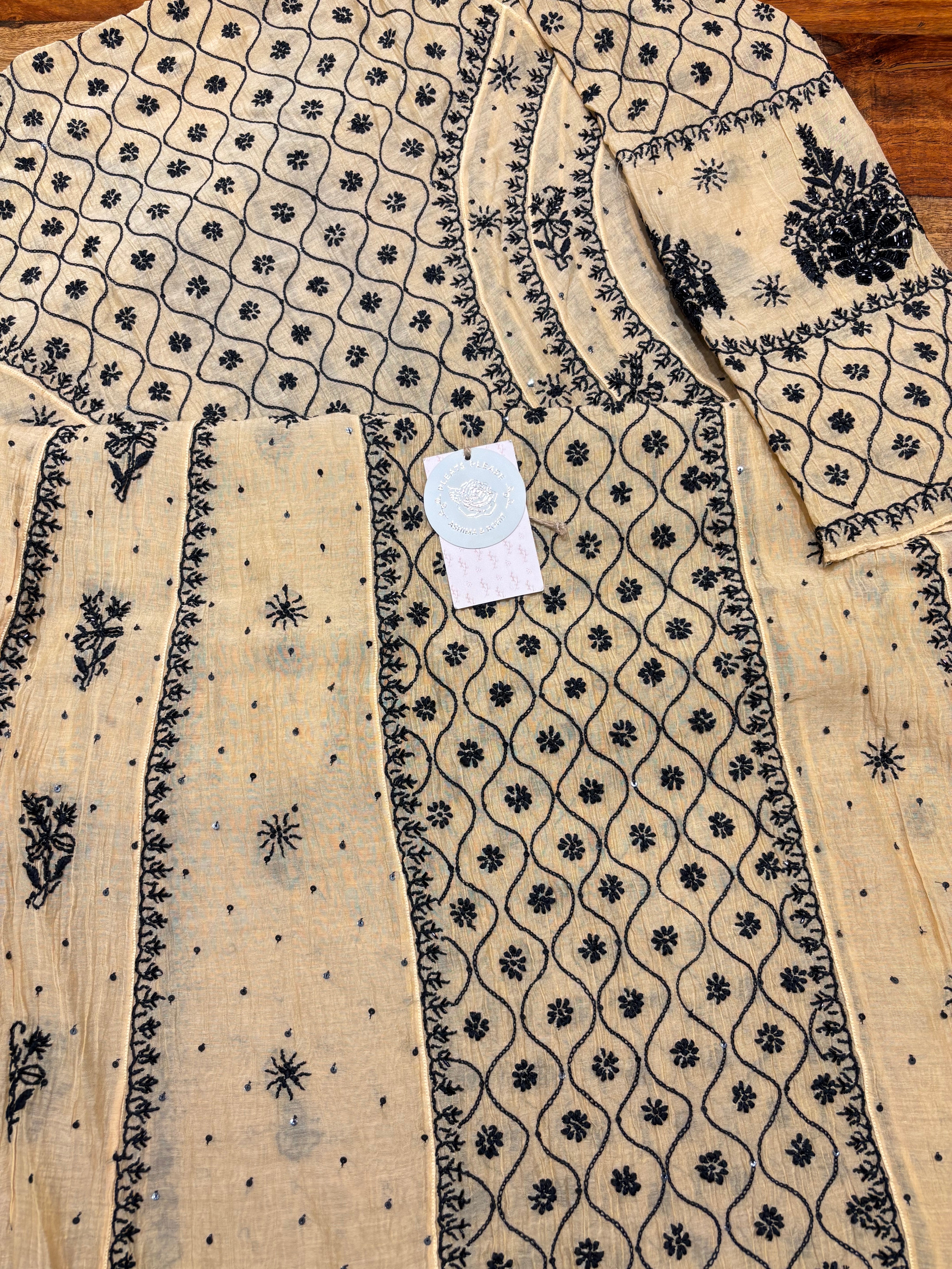 Golden Chanderi Mul Chikankari Anarkali and Dupatta Set