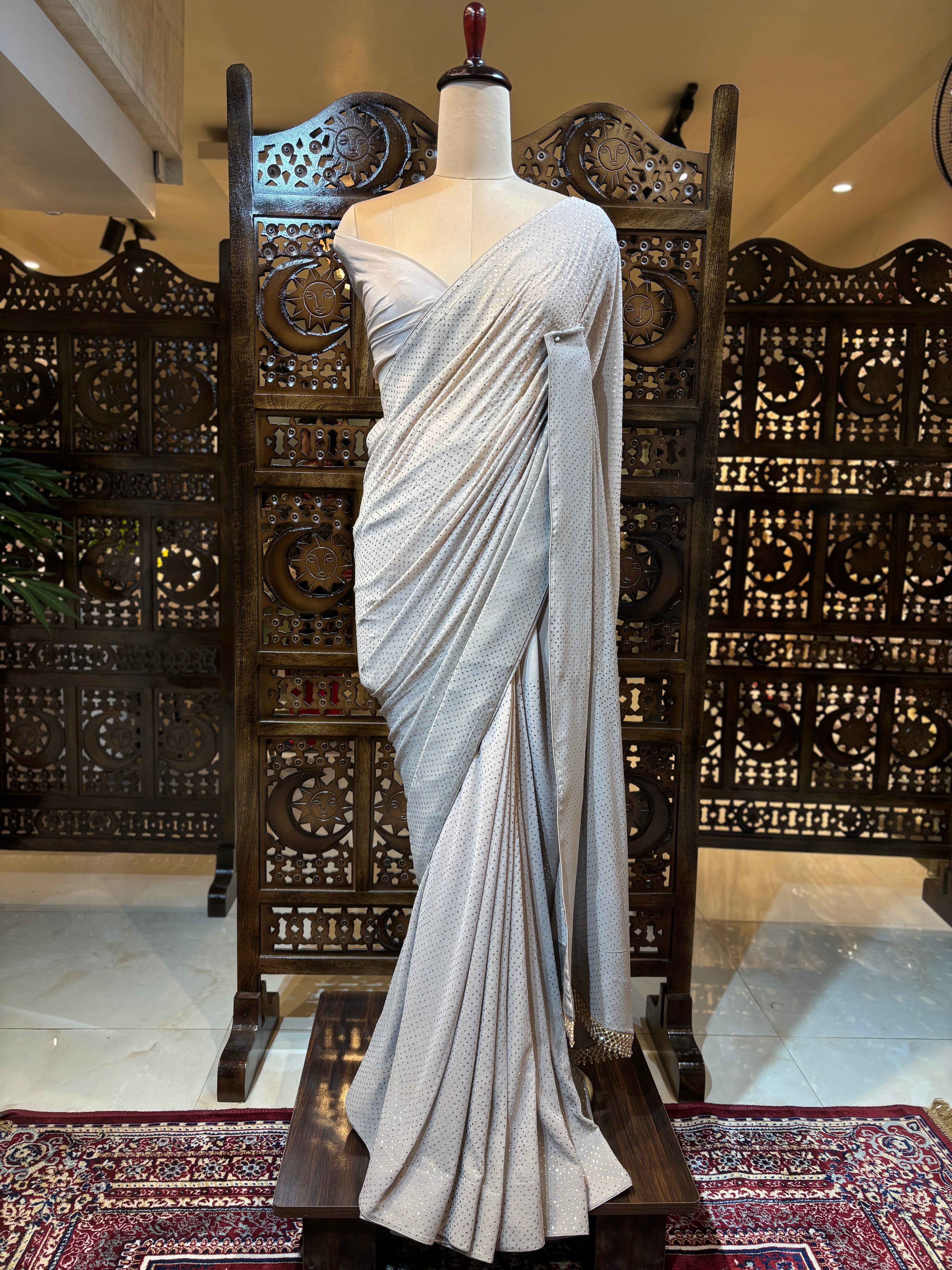 Hazelnut Ombre Pure & Premium Georgette Mukaish Saree & Blouse - Pleats PleaseChikankari