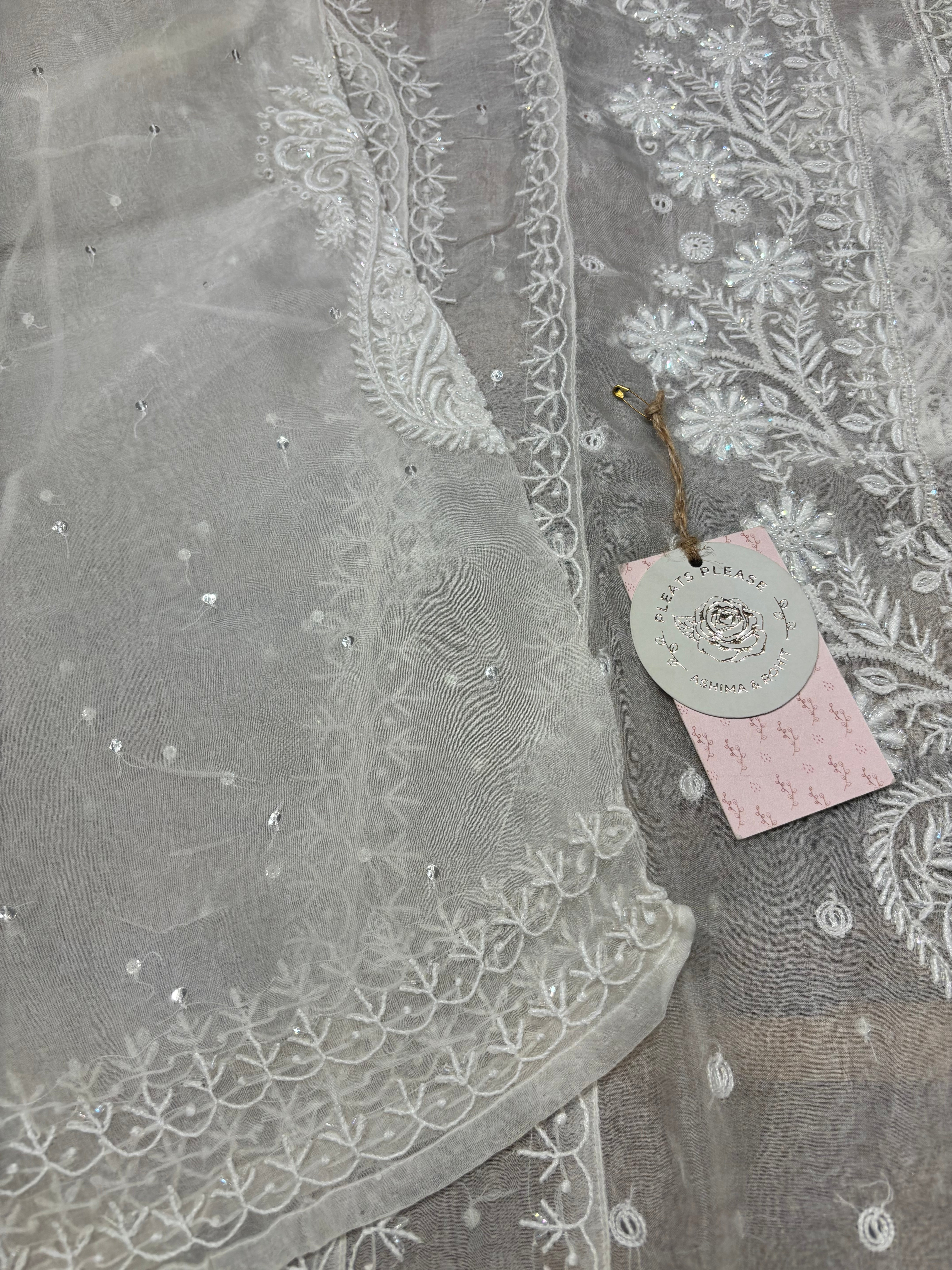 Dyeable Pure Organza Chikankari Kurta And Dupatta Set