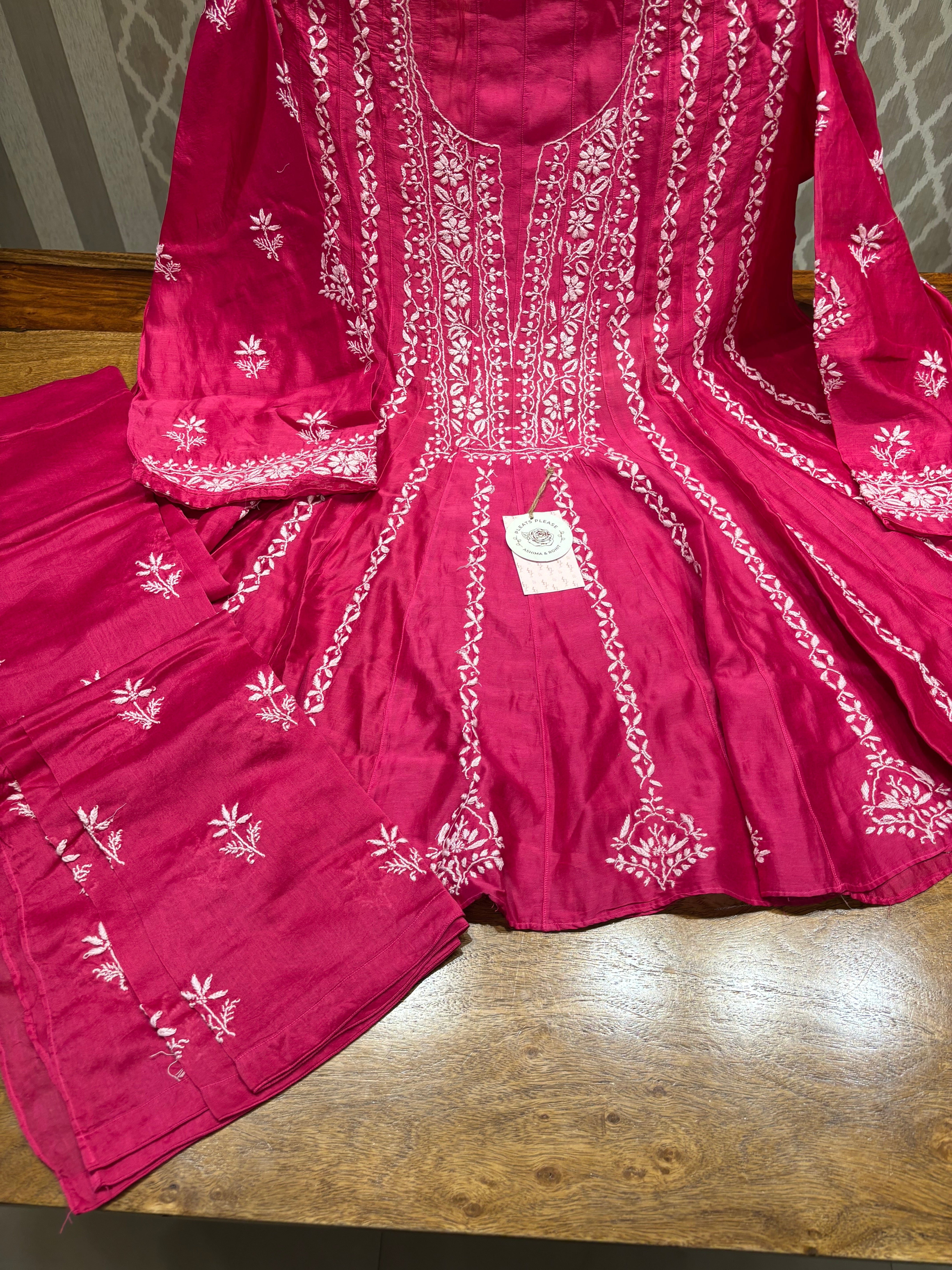 Fuchsia Pink Chanderi Silk Chikankari Co-ord Set