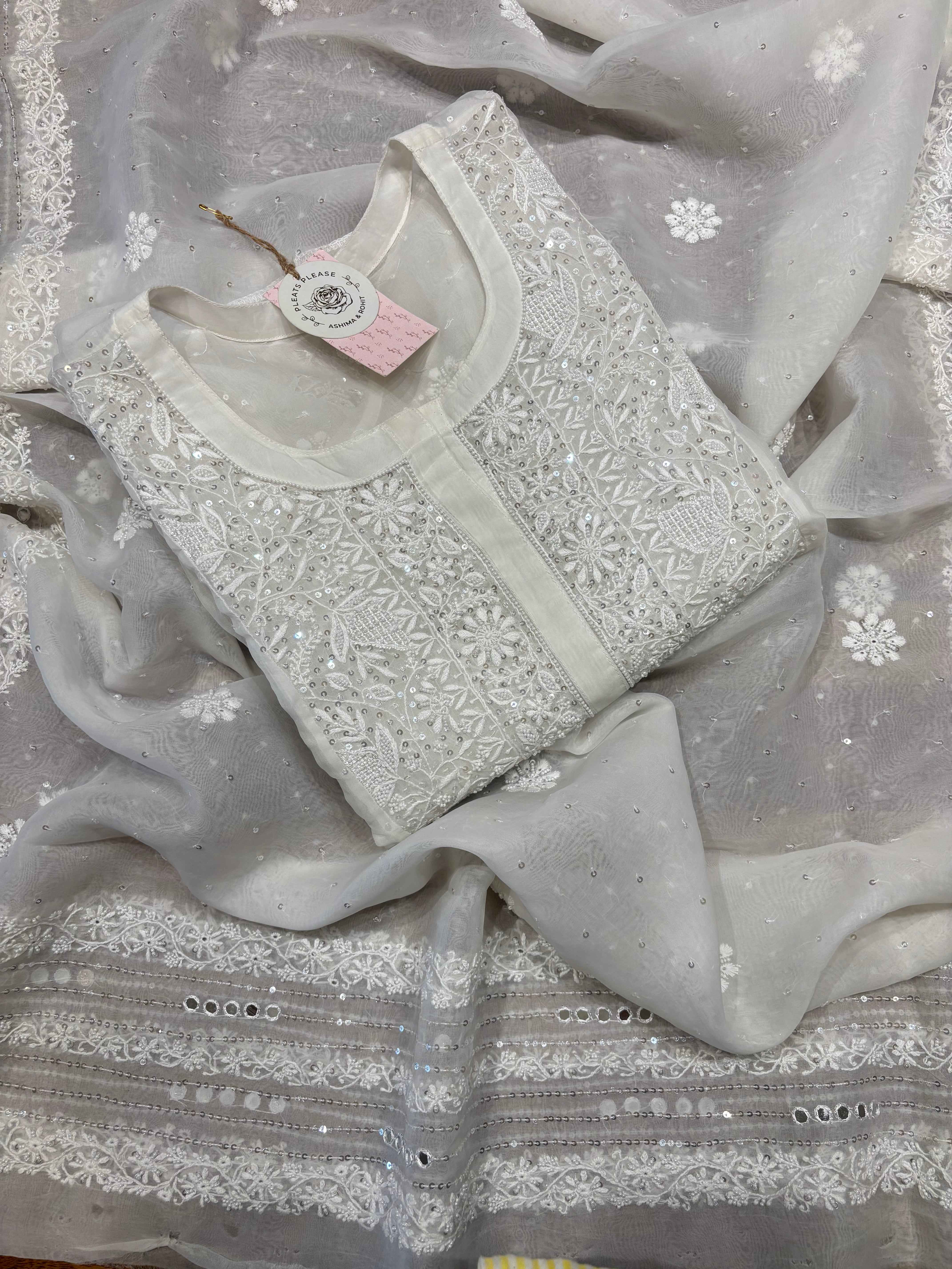 Dyeable Pure and Premium Organza Aline Anarkali and Dupatta - Pleats PleaseChikankari
