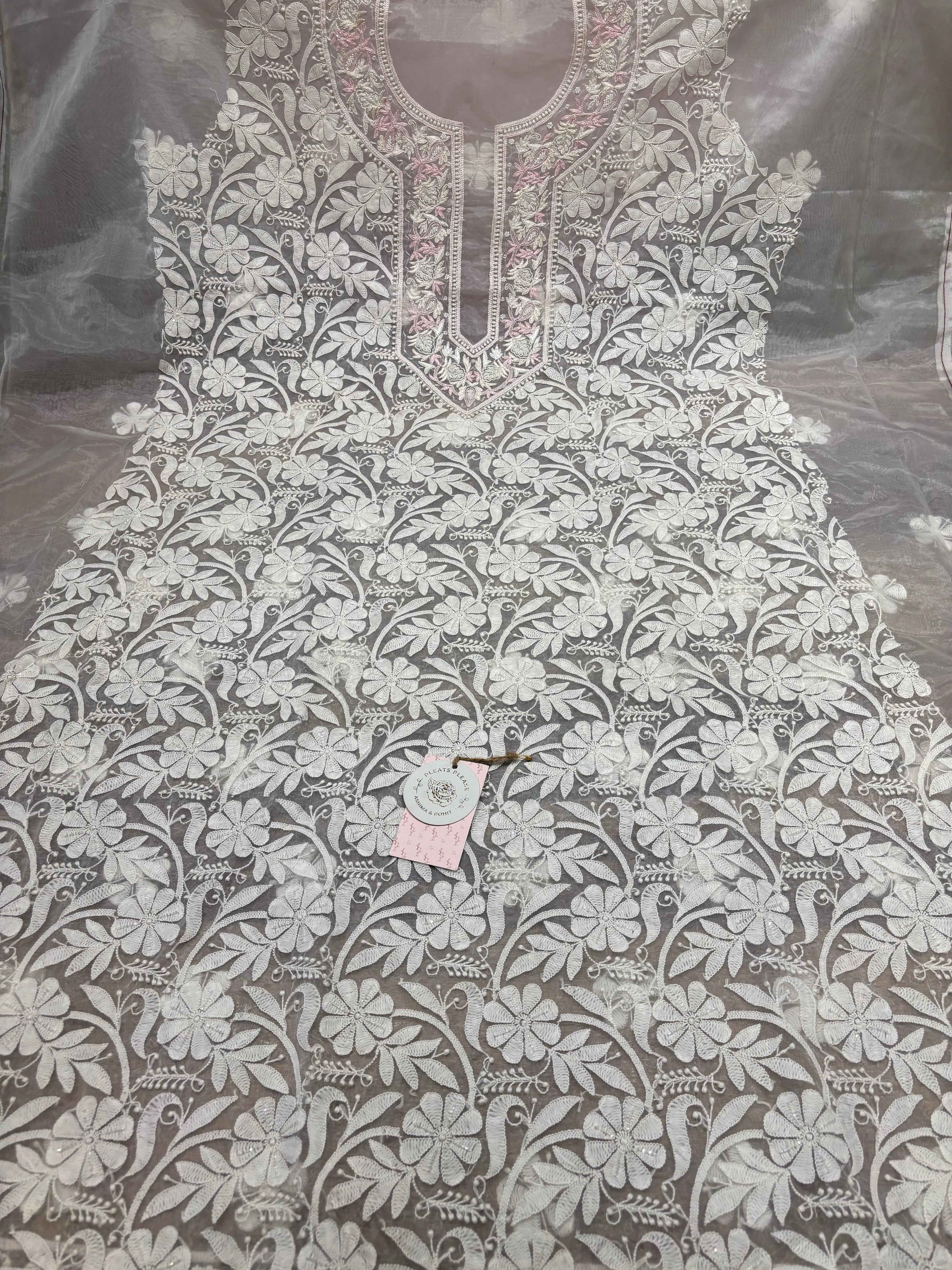 Dyeable Organza Chikankari Kurta Fabric - Pleats PleaseChikankari
