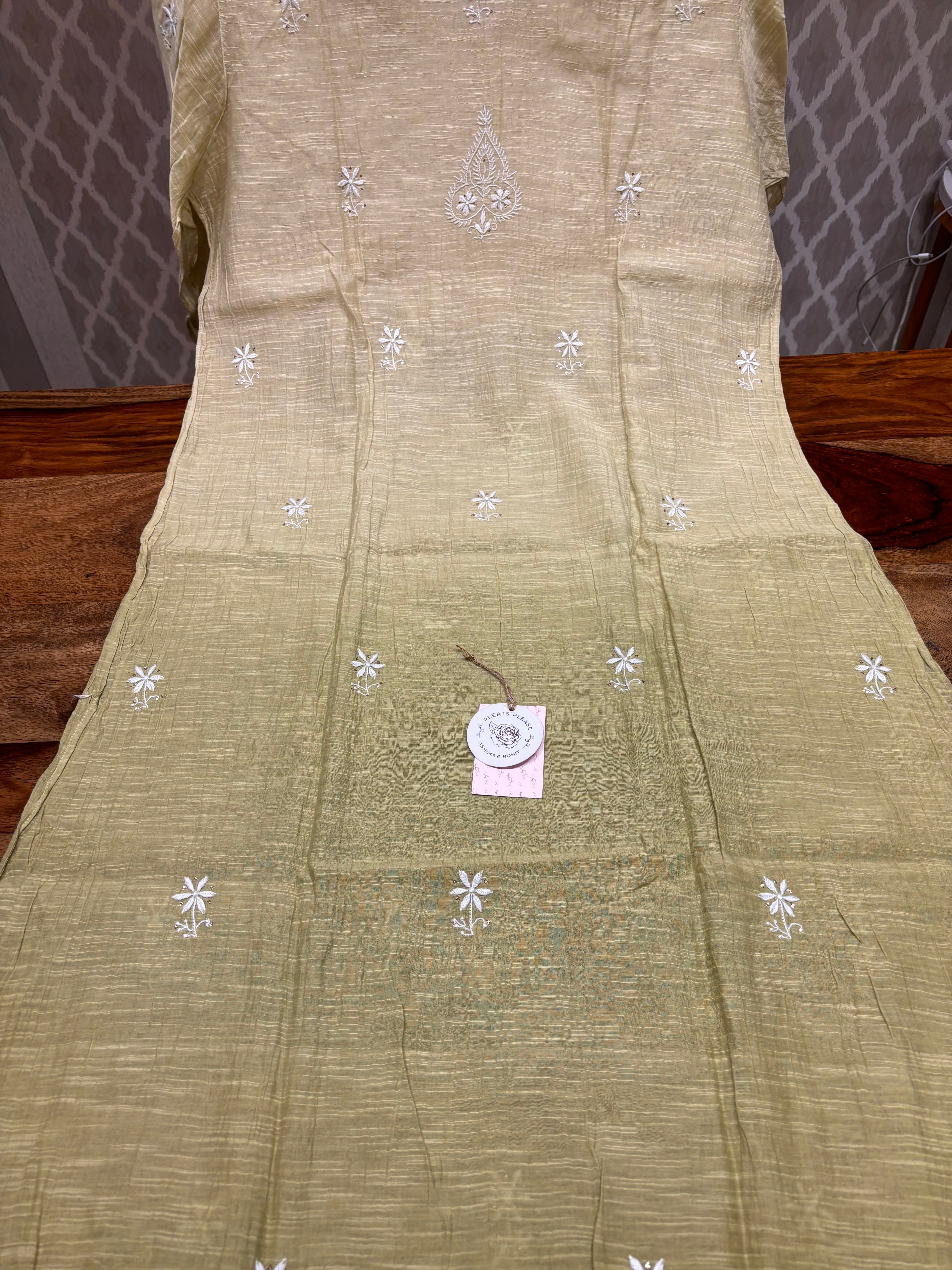 Green Ombre Linen Chikankari Mukaish Kurta