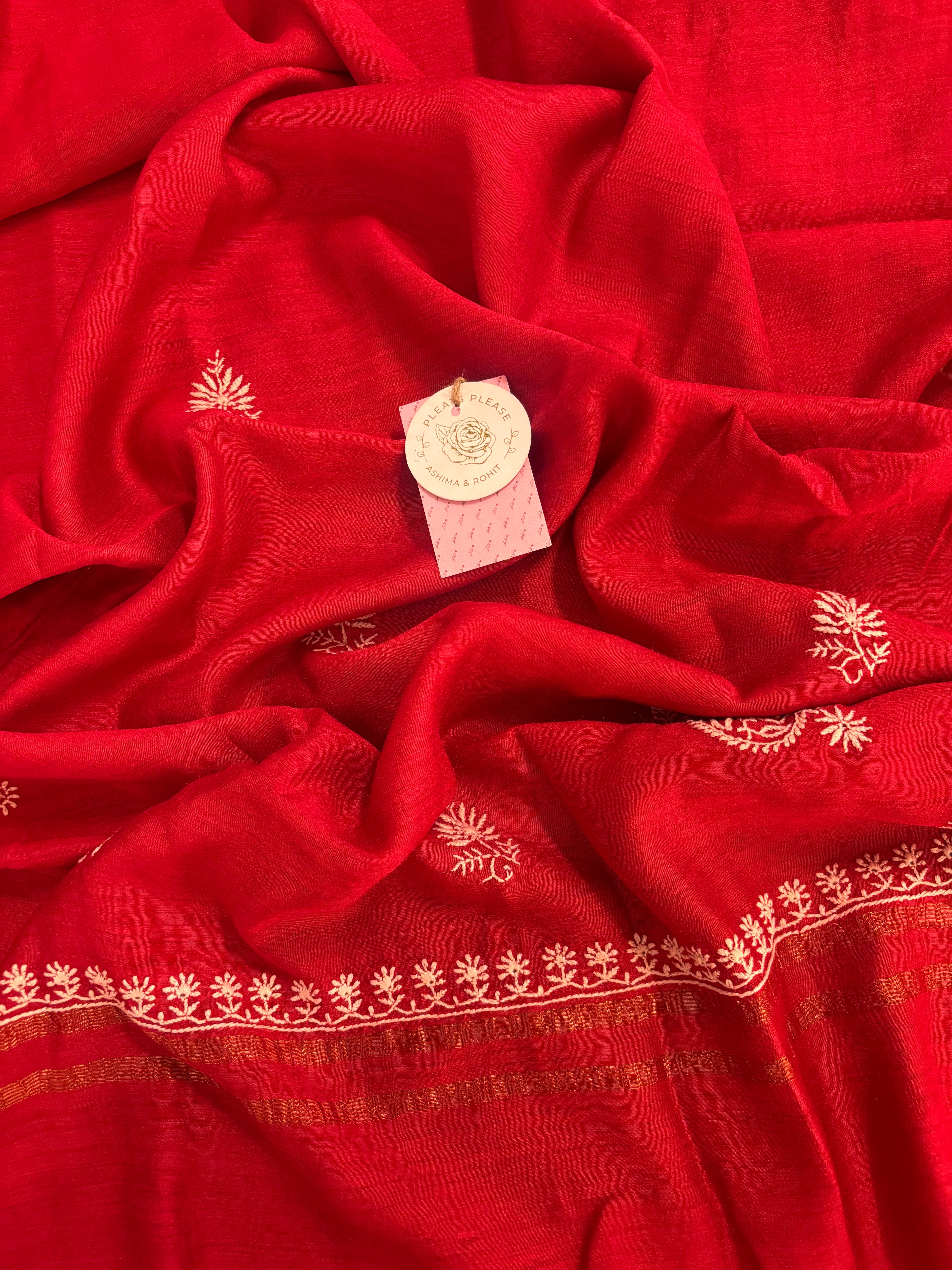 Red Monga Silk Chikankari Kurta & Dupatta