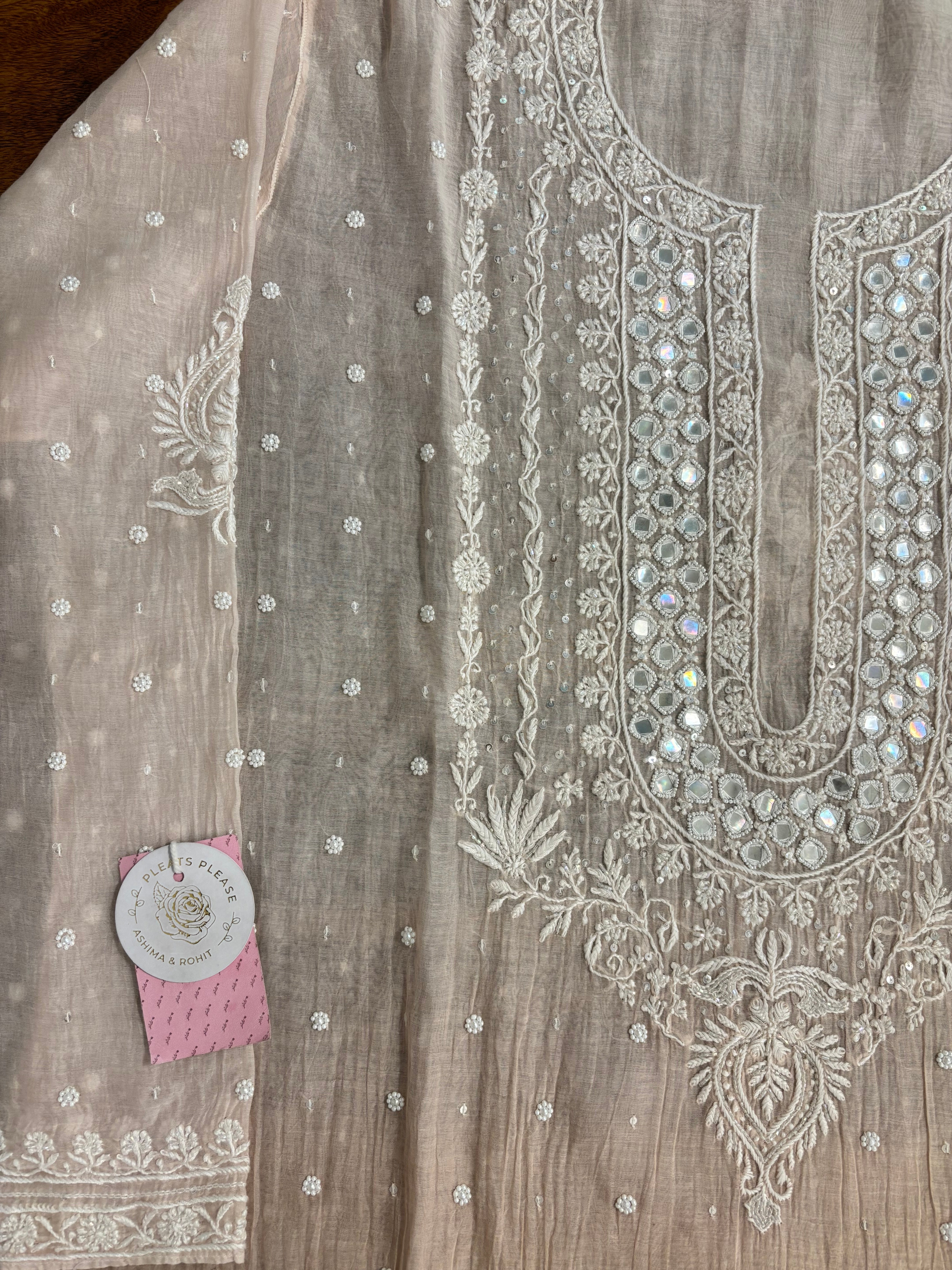 Champagne Pure Chanderi Ombre Chikankari Kurta & Dupatta - Pleats PleaseChikankari