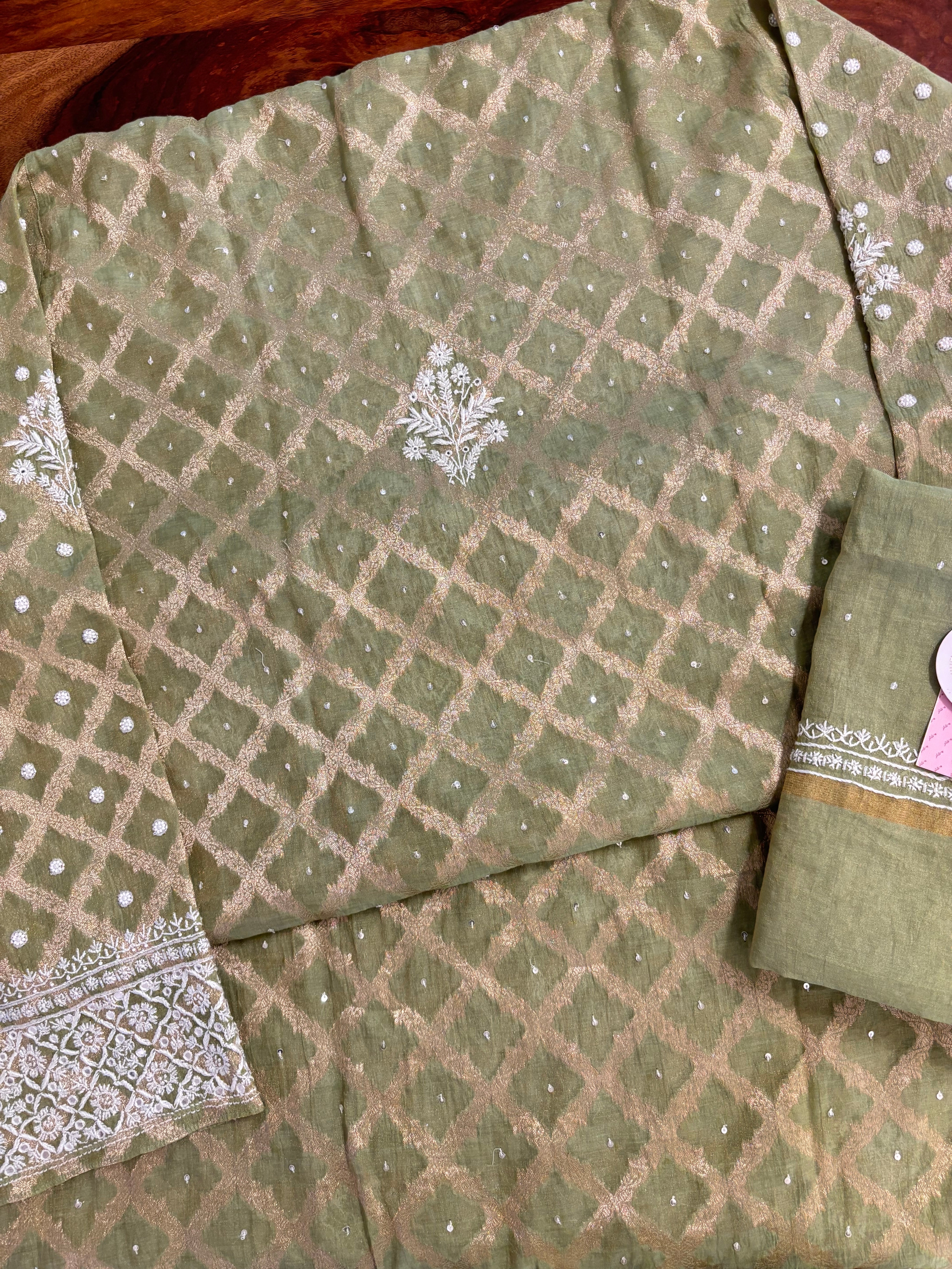 Olive Green Pure Tissue Chanderi Banarasi Silk Chikankari Kurta & Dupatta