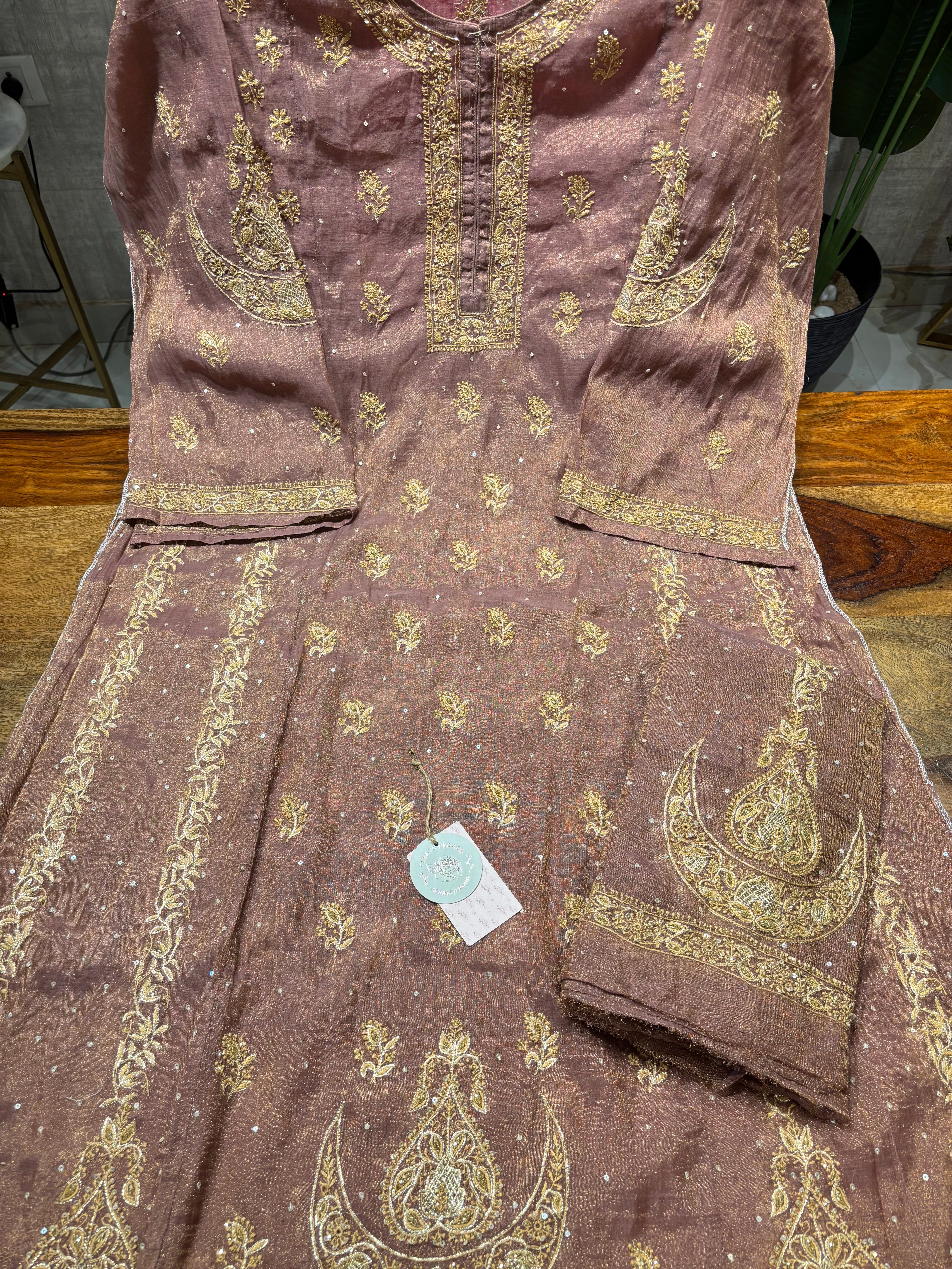 Garnet Pure and Premium Tissue Chikankari Aline Anarkali & Dupatta Set