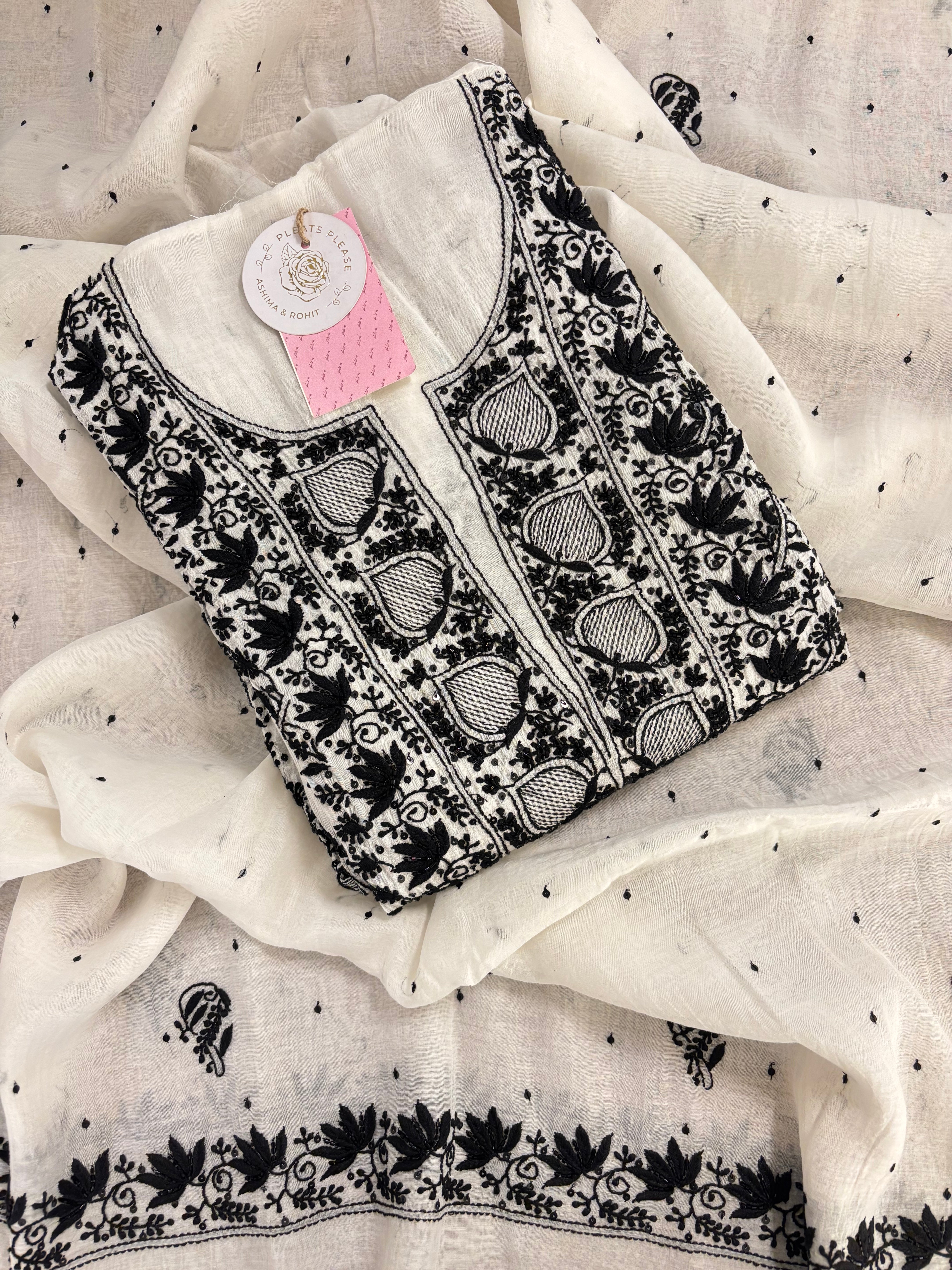 Dyeable Chanderi Black & White Chikankari Kurta & Dupatta