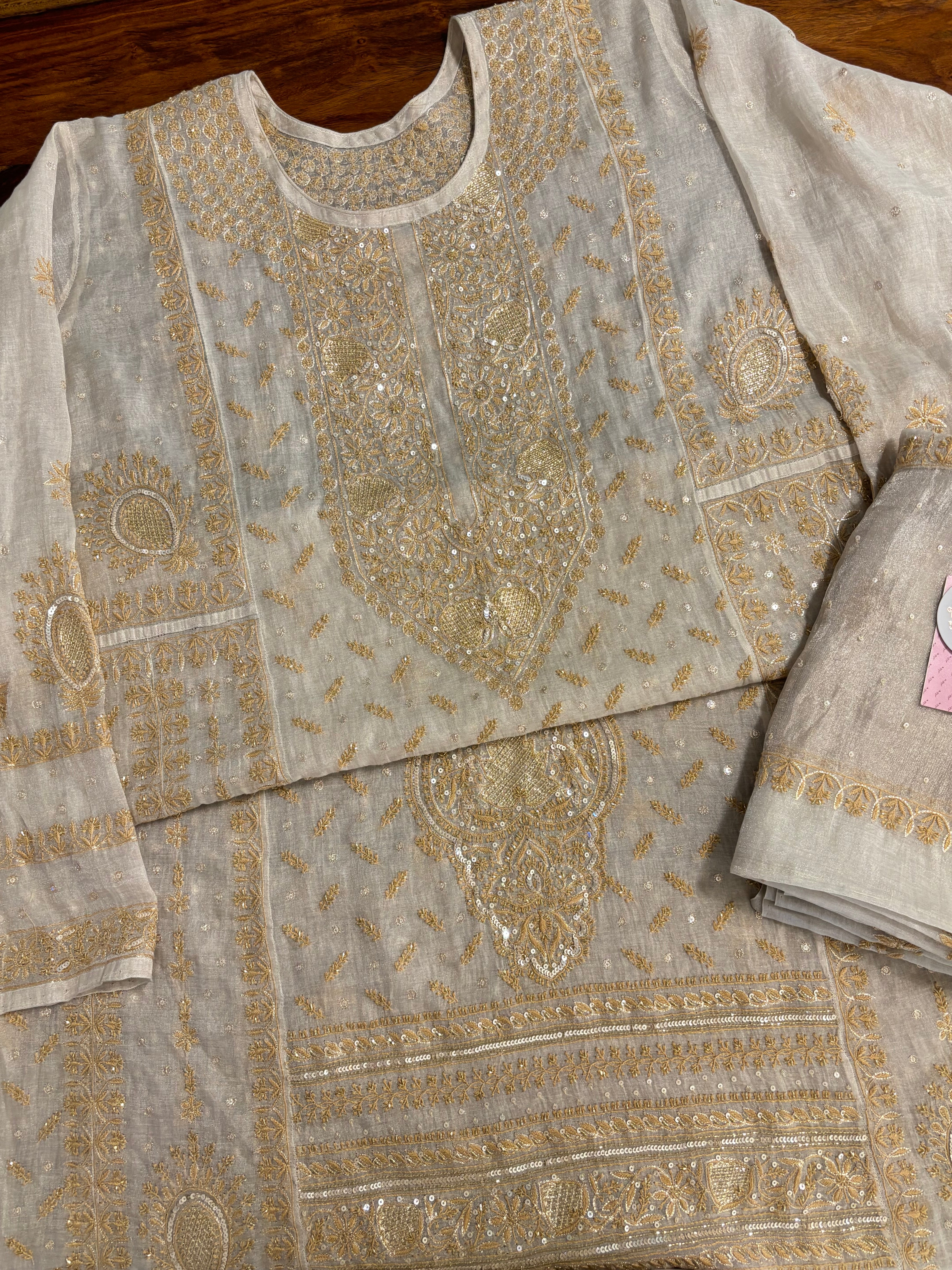 Dyeable Pure & Premium Silver Tissue Chikankari Kurta & Dupatta - Pleats PleaseChikankari