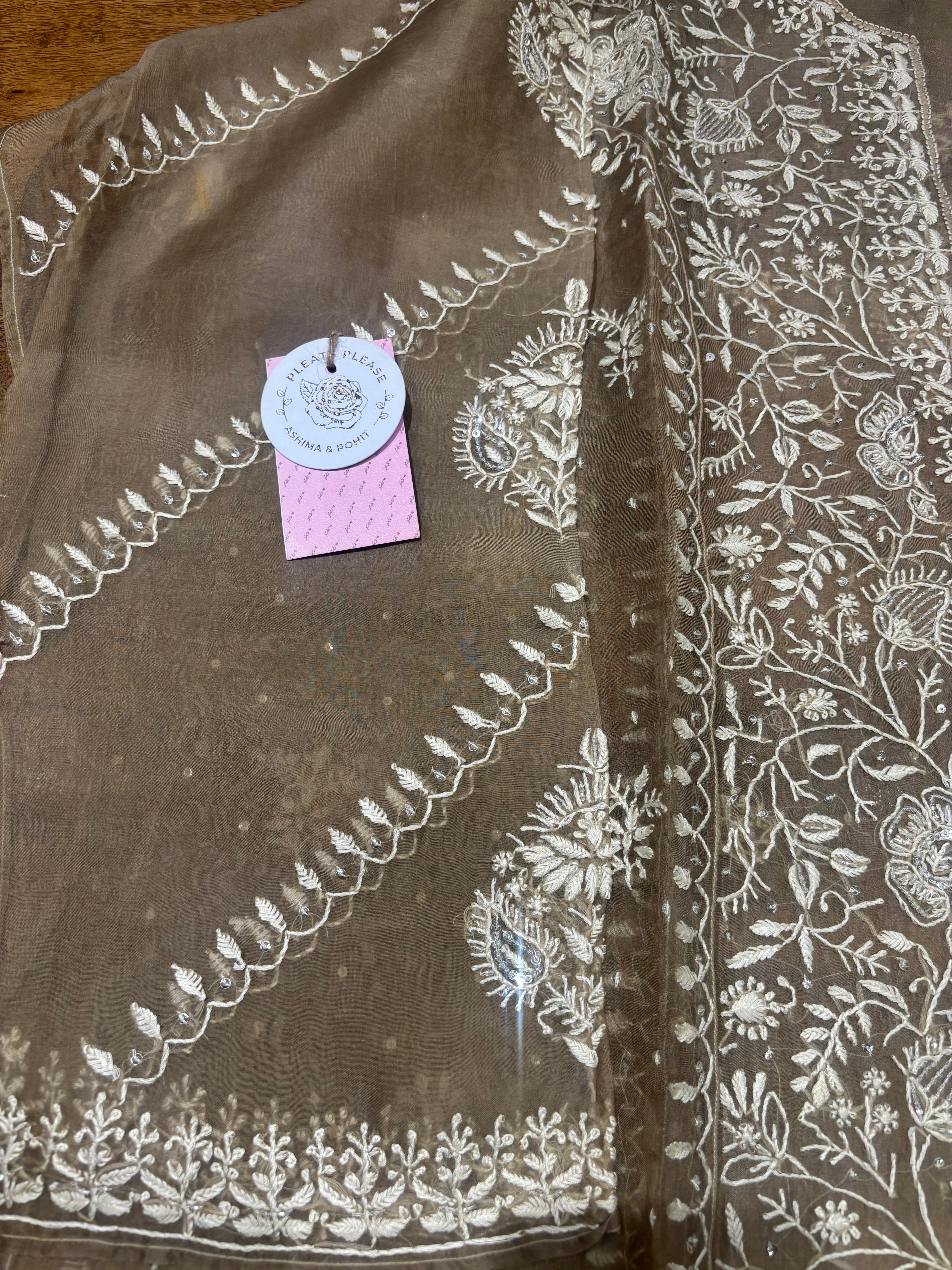 Brown Pure & Premium Organza Silk Chikankari Kurta & Dupatta Set