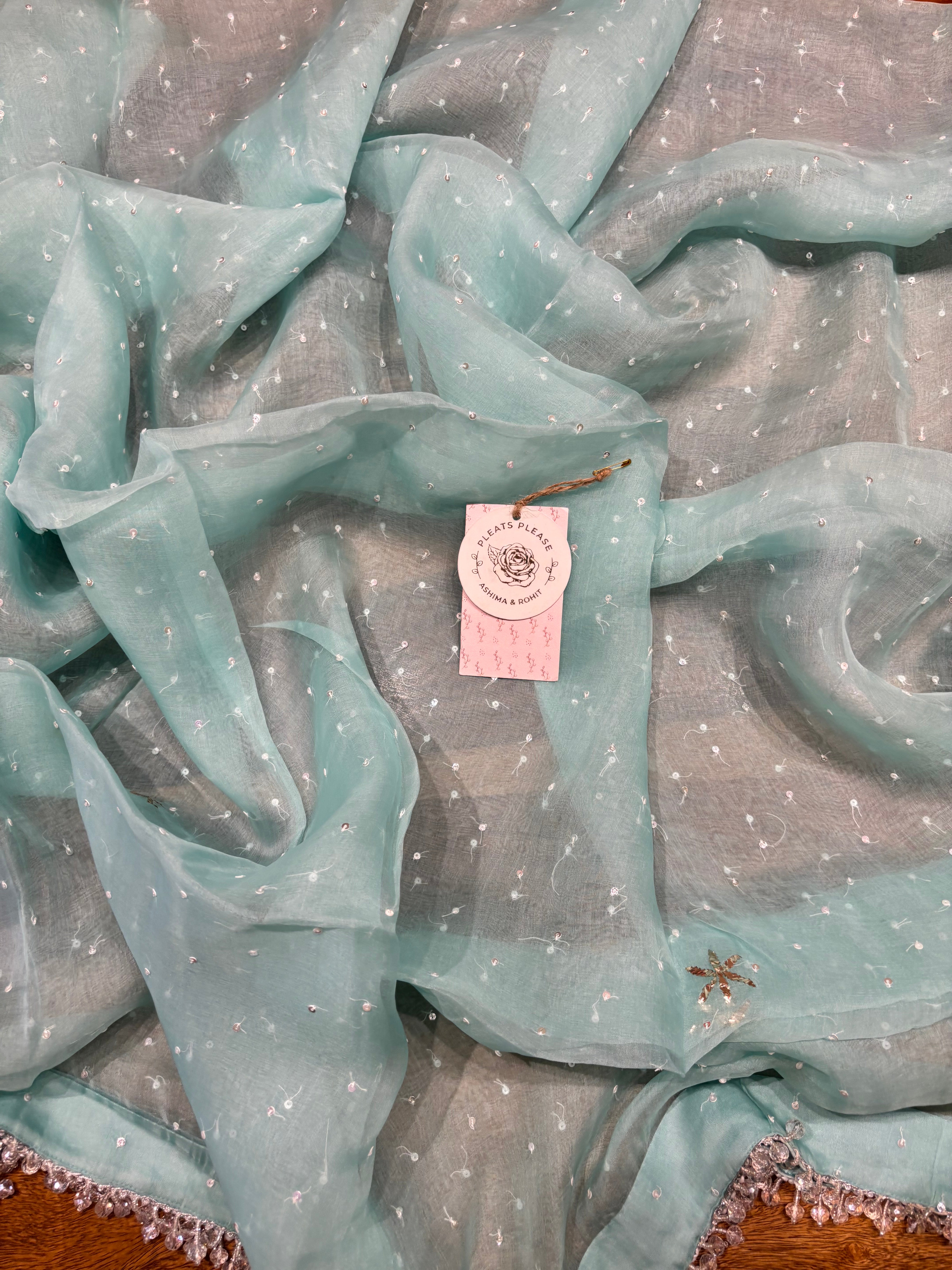 Sea Foam Organza Mukaish Kurta and Dupatta set