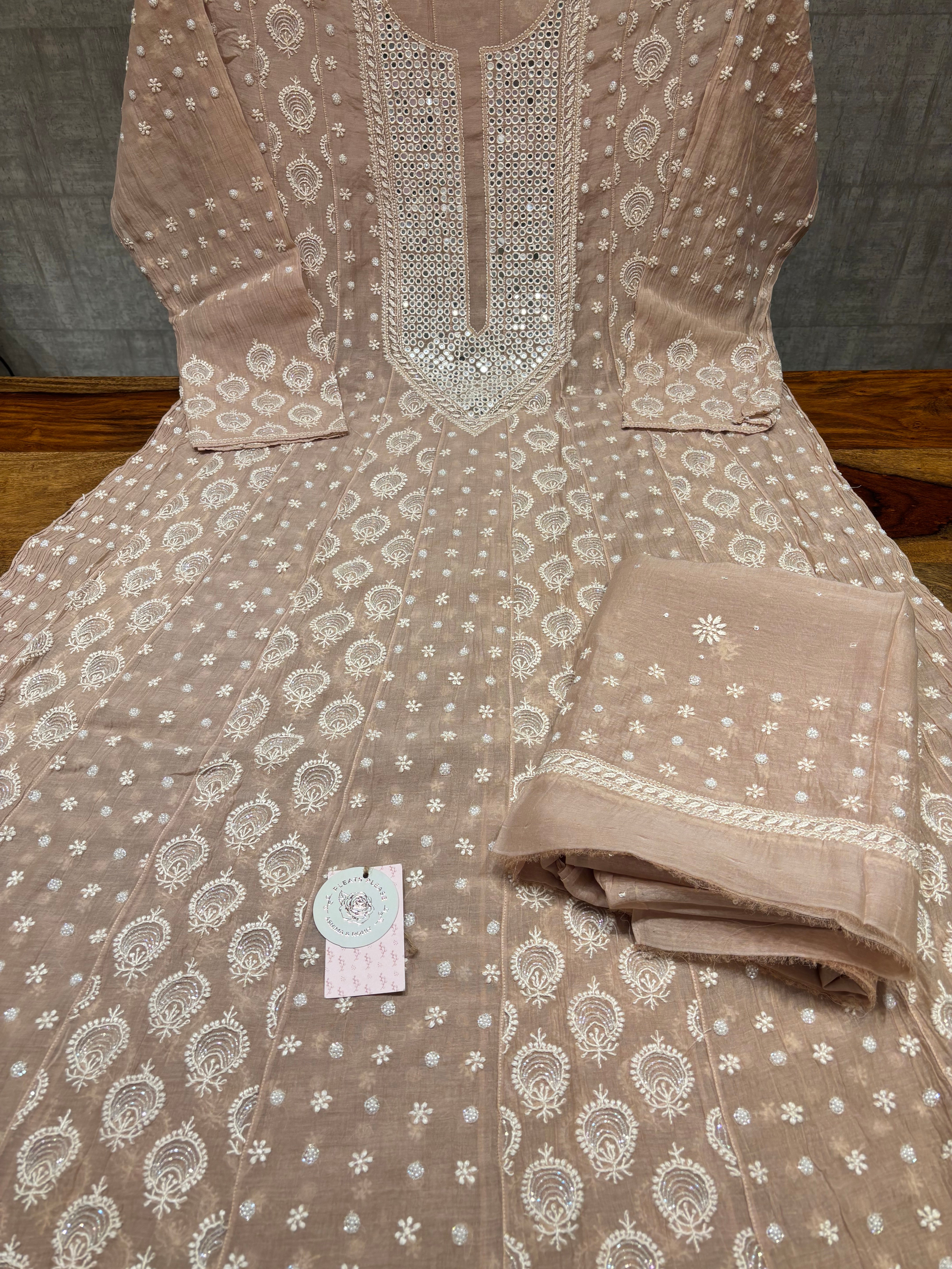 Nude Peach Chanderi Mul Chikankari Anarkali and Dupatta Set