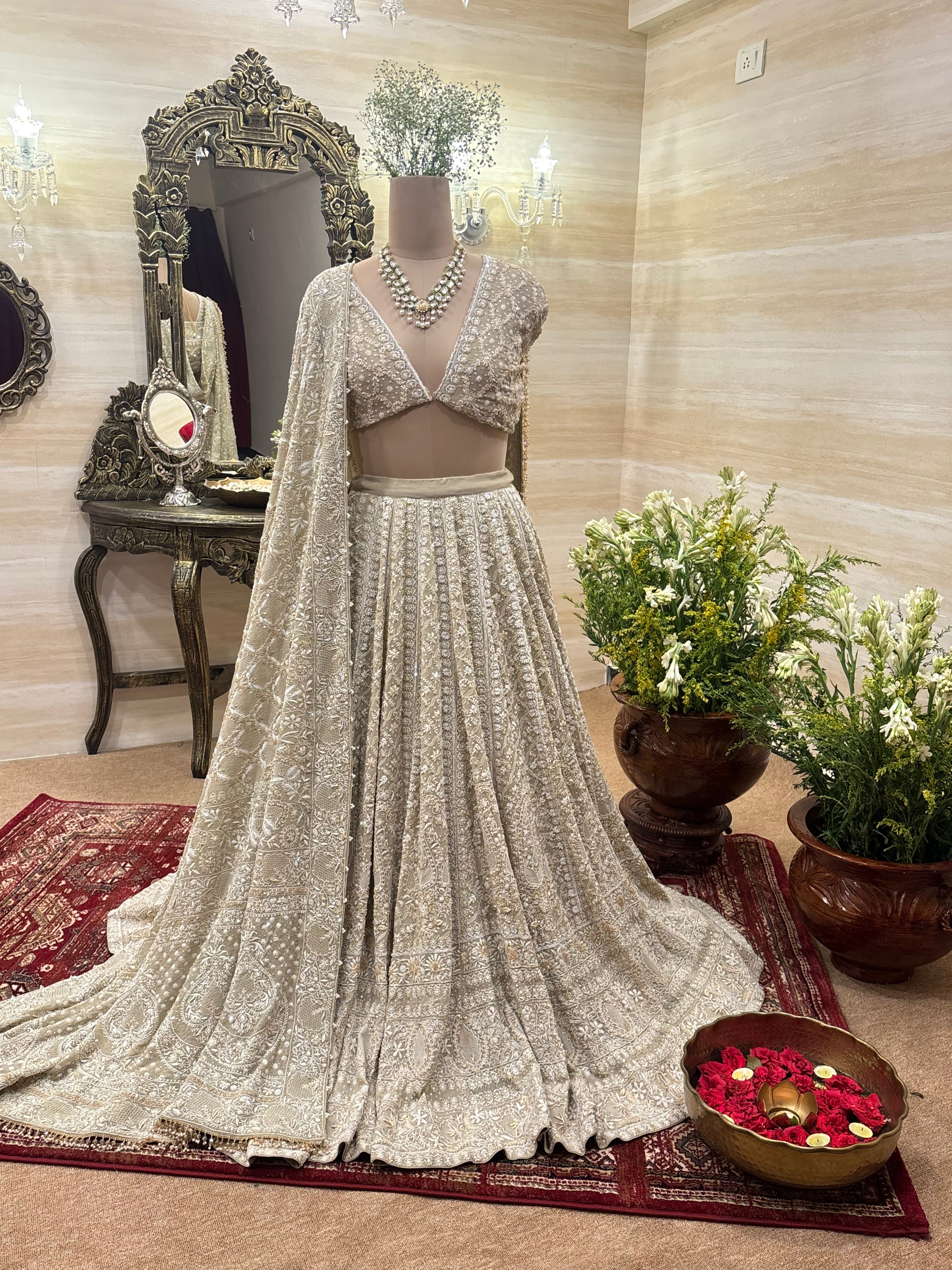 Brown Pure & Premium Georgette Chikankari Lehenga Set