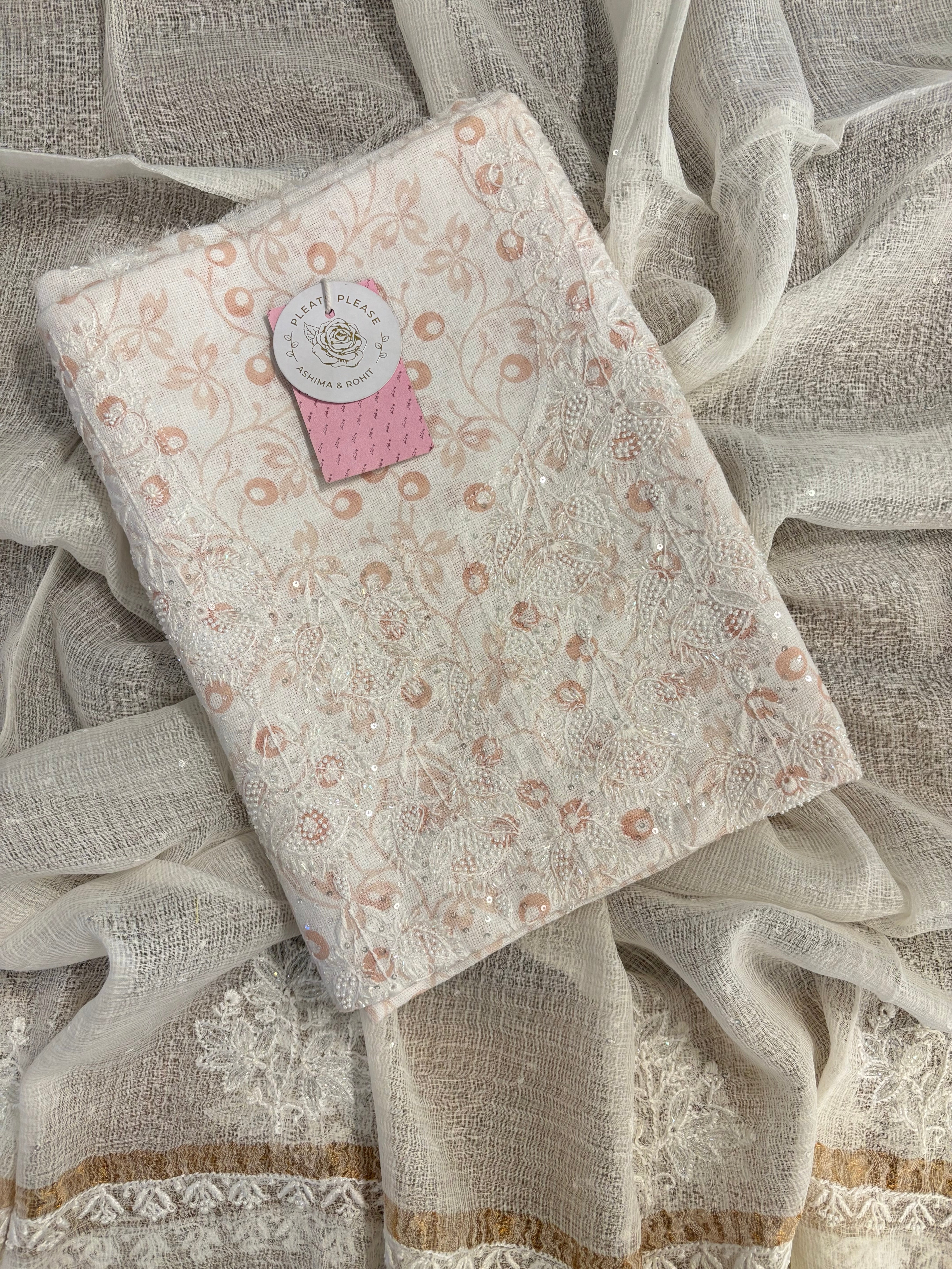 Linen Peach printed Chikankari Kurta & Dupatta